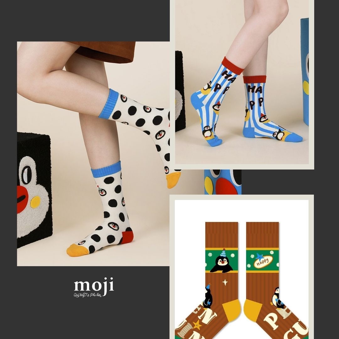 Tất vớ cổ cao Happy penguin chim cánh cụt đội mũ