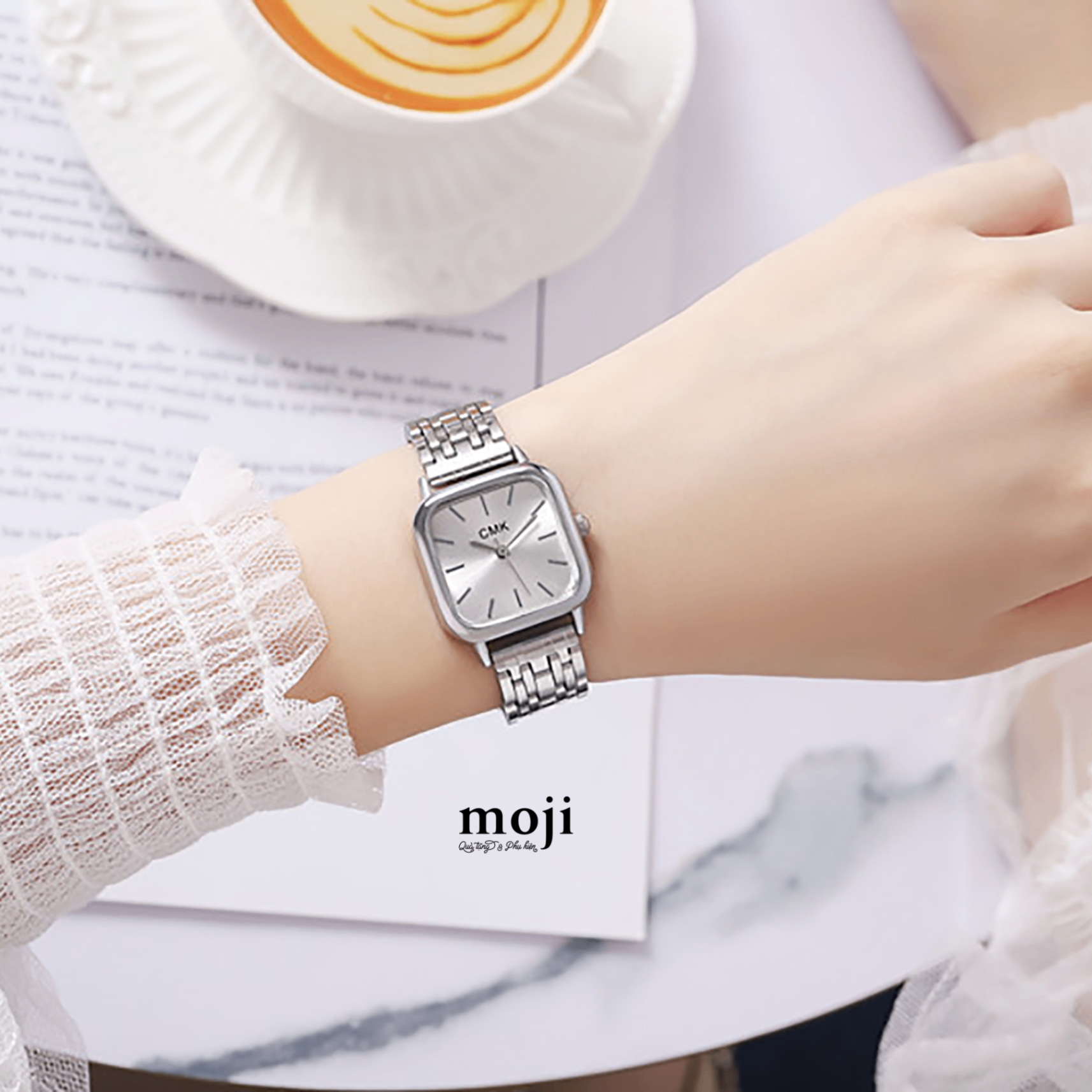 Đồng hồ MJ dây kim loại CMK mặt vuông bo góc vạch số dây 1 màu 20mm