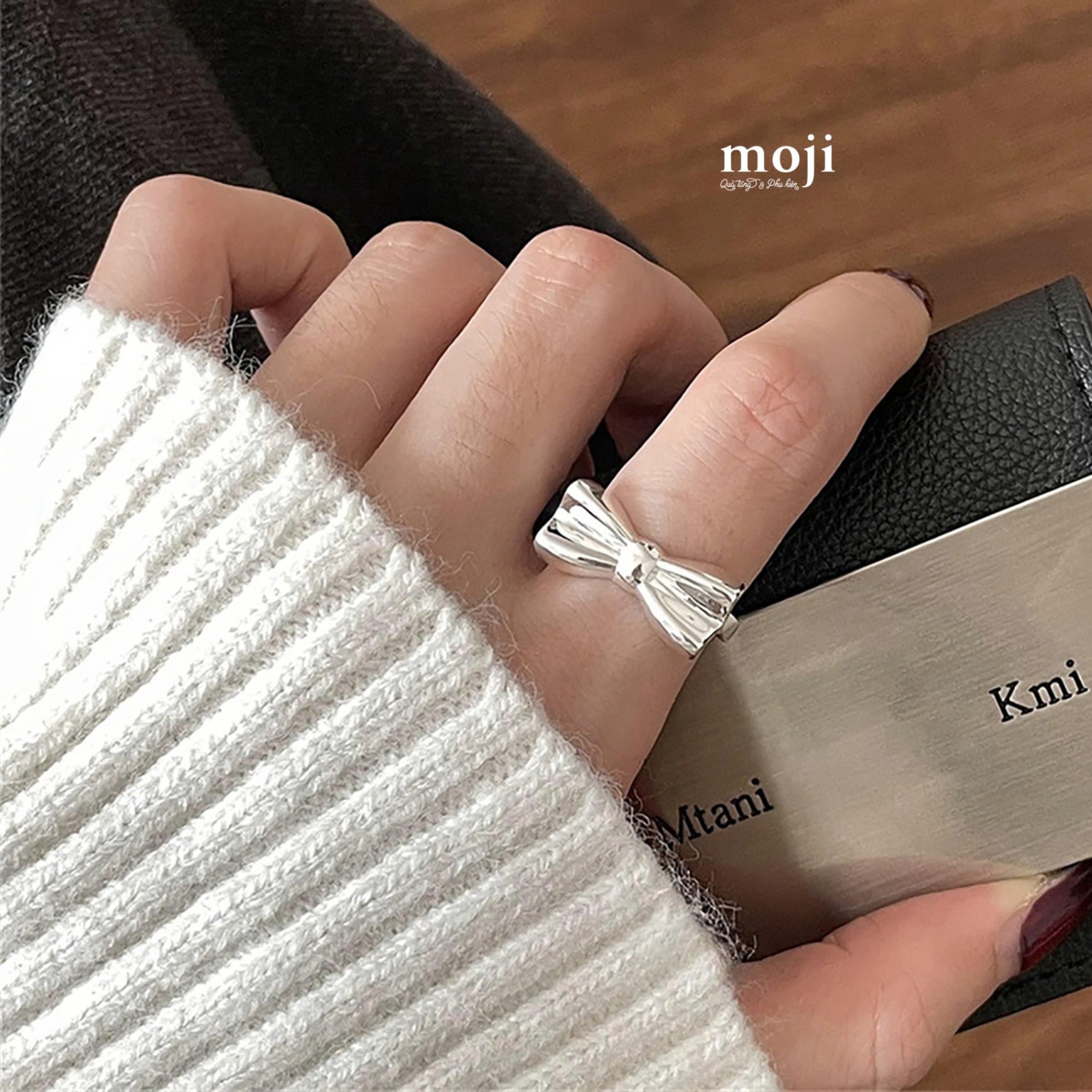 Nhẫn mạ bạc Bow nơ lớn xếp ly