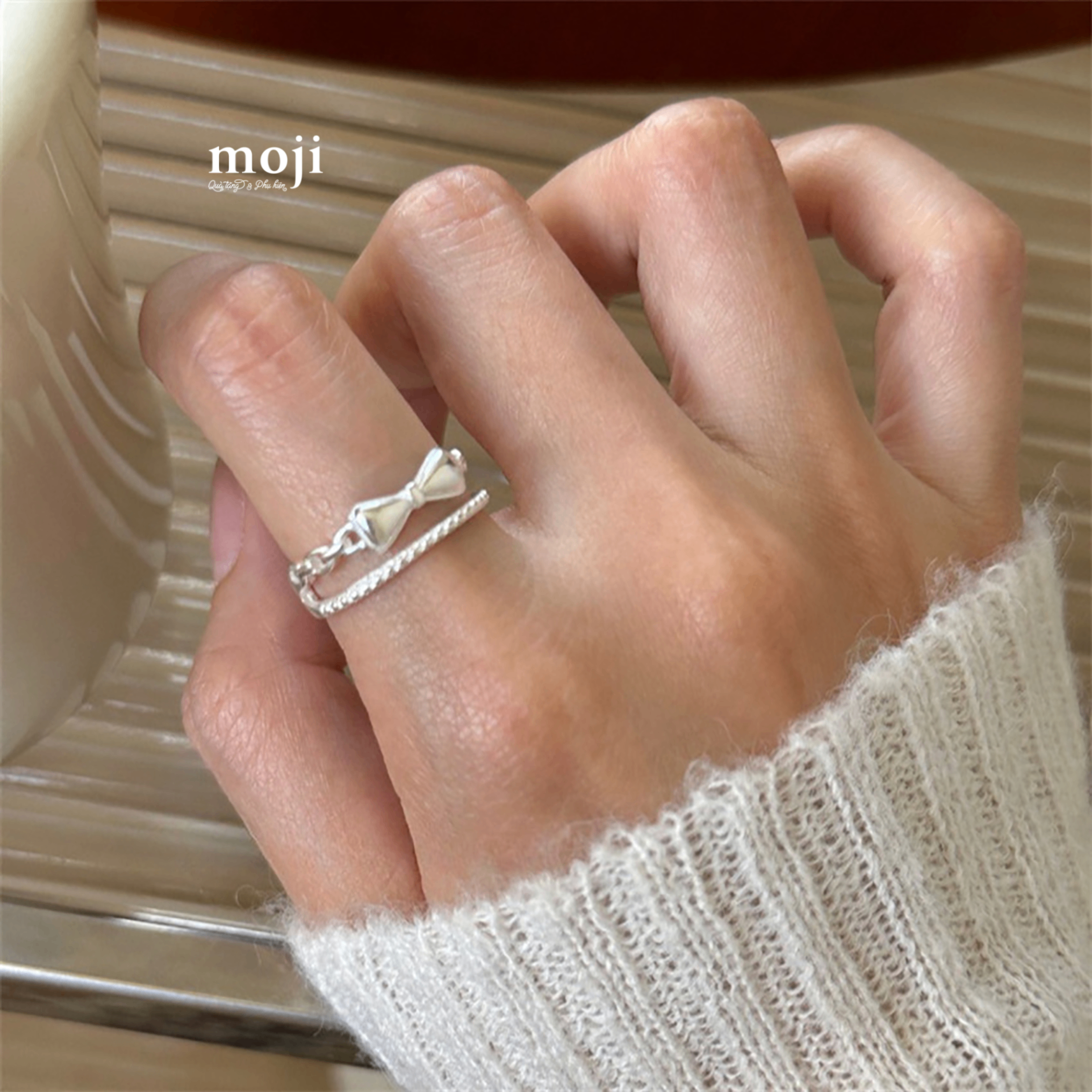 Nhẫn mạ bạc Bow nơ dây xích phối đường thẳng họa tiết