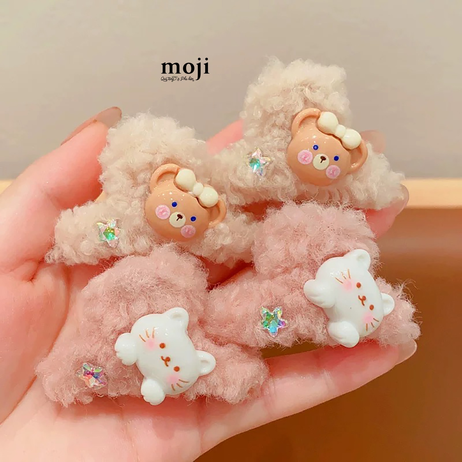 Kẹp tóc càng cua lông xù Cute cat baby bear rabbit face ngôi sao