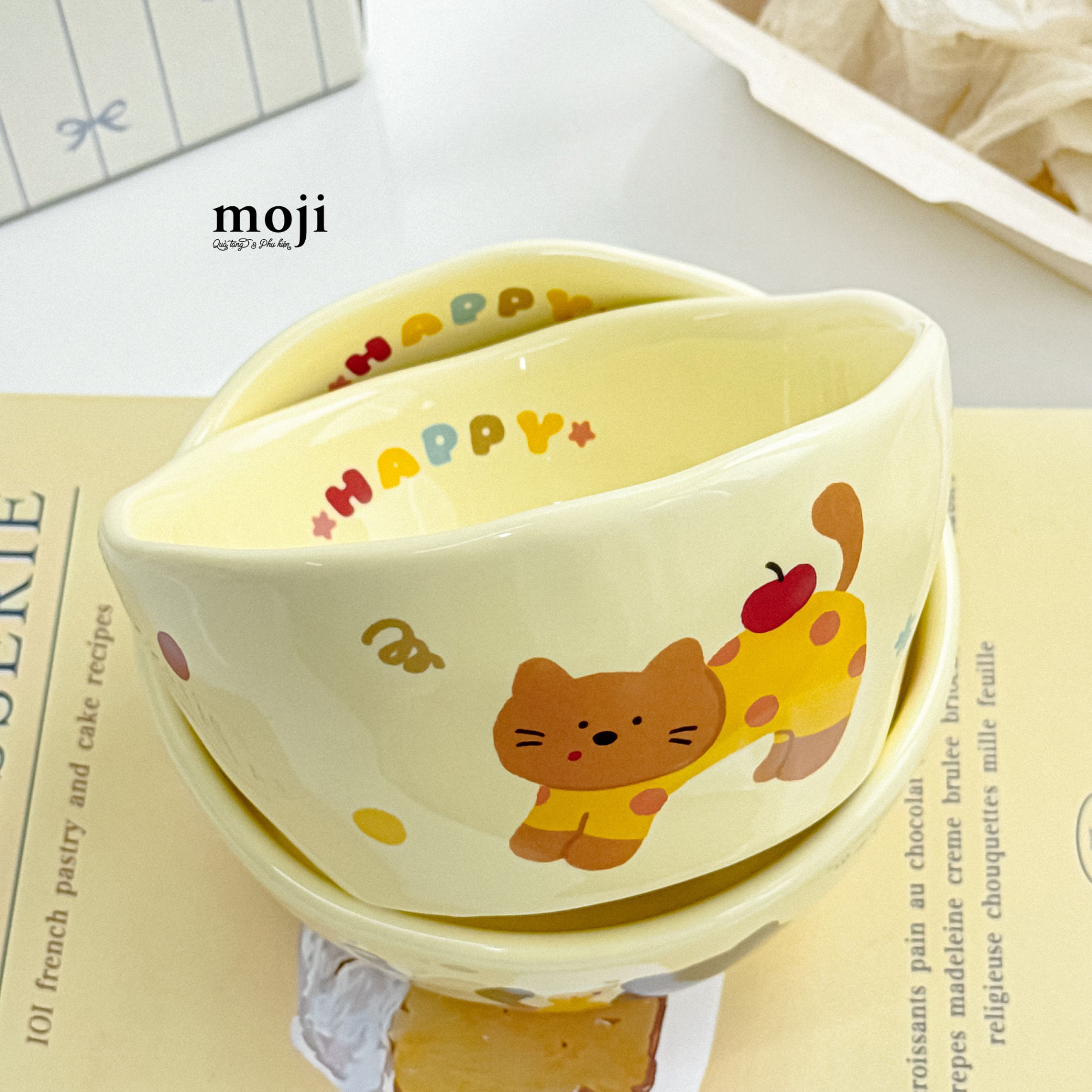 Chén bát gốm sứ Happy cat mèo áo chấm bi phao bơi fruit 5x12