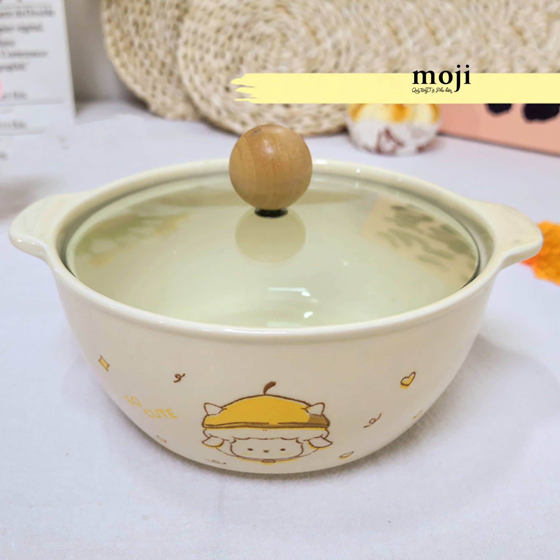 Chén bát gốm sứ kèm nắp thủy tinh Cute sheep face nằm ngủ 7x16
