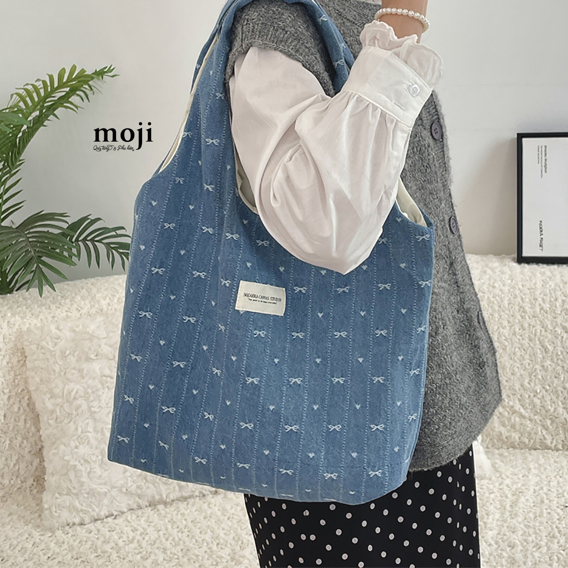 Túi đeo vải Little heart bow nơ denim style 8x31x40