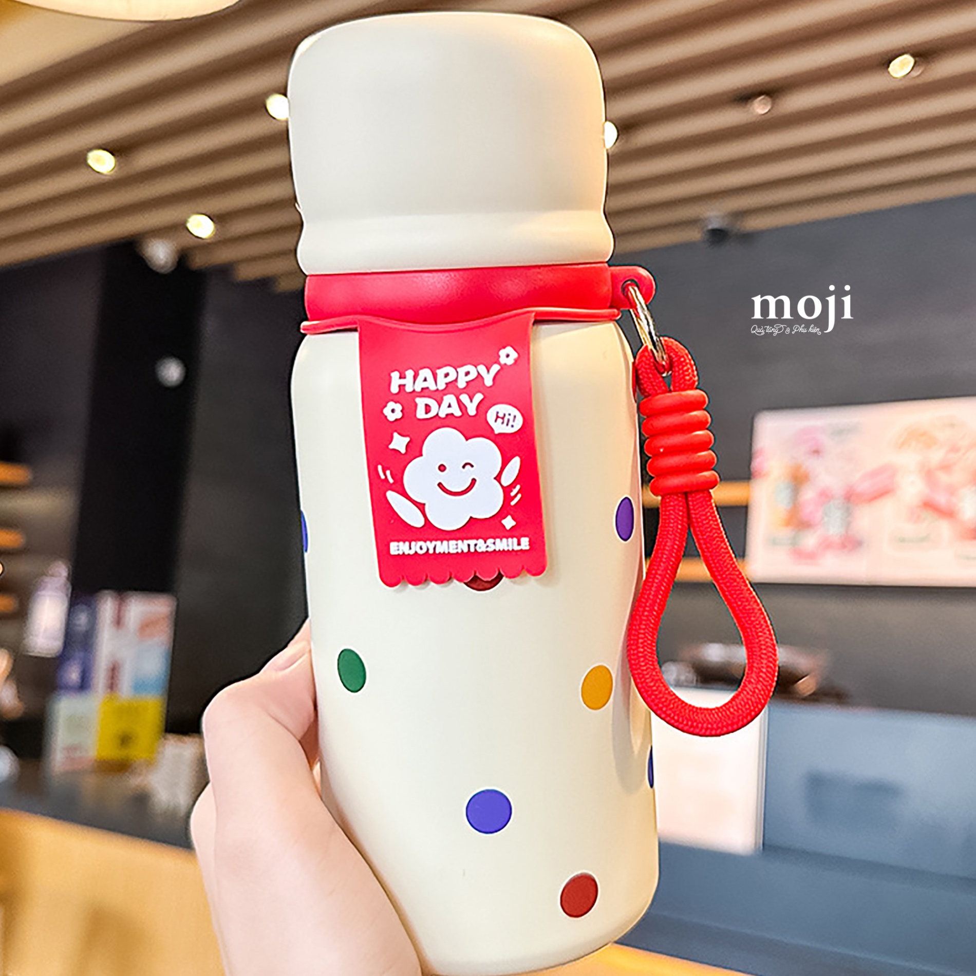Bình nước giữ nhiệt nắp cốc Happy day chấm bi màu sắc kèm móc 450ml