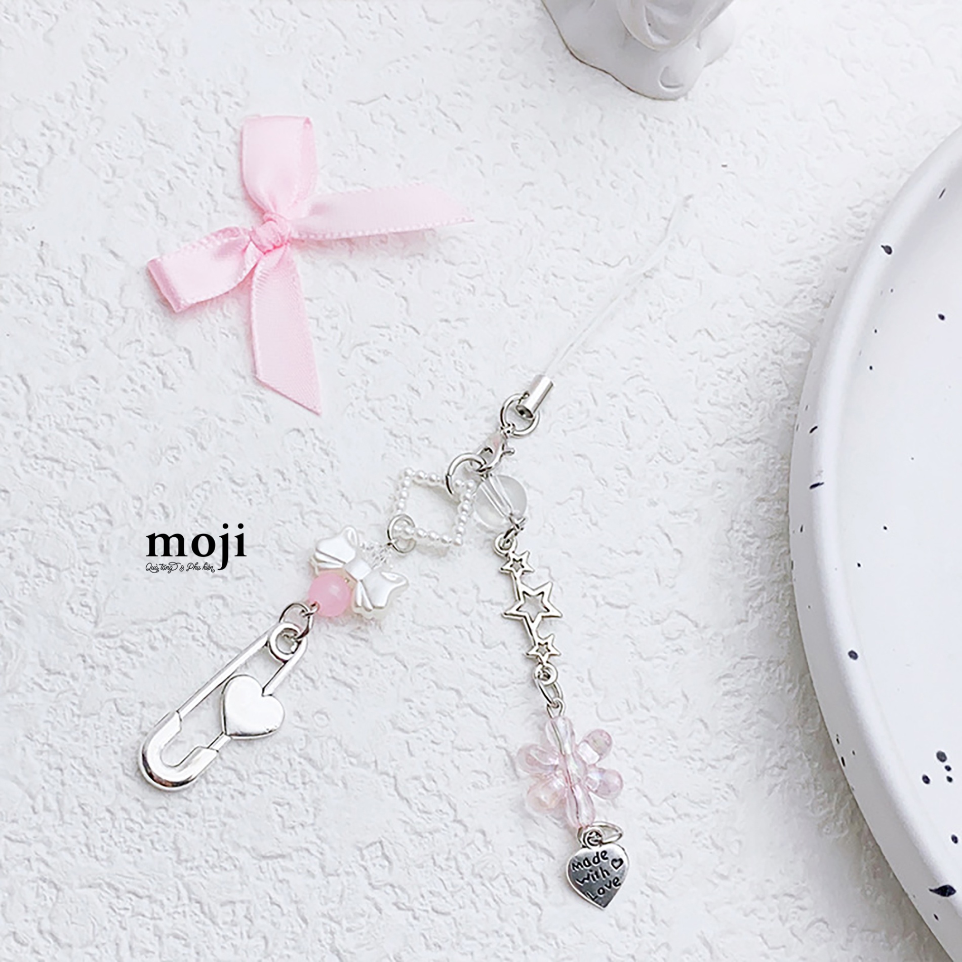 Móc đeo điện thoại Ghim cài heart bow nơ ngôi sao flower