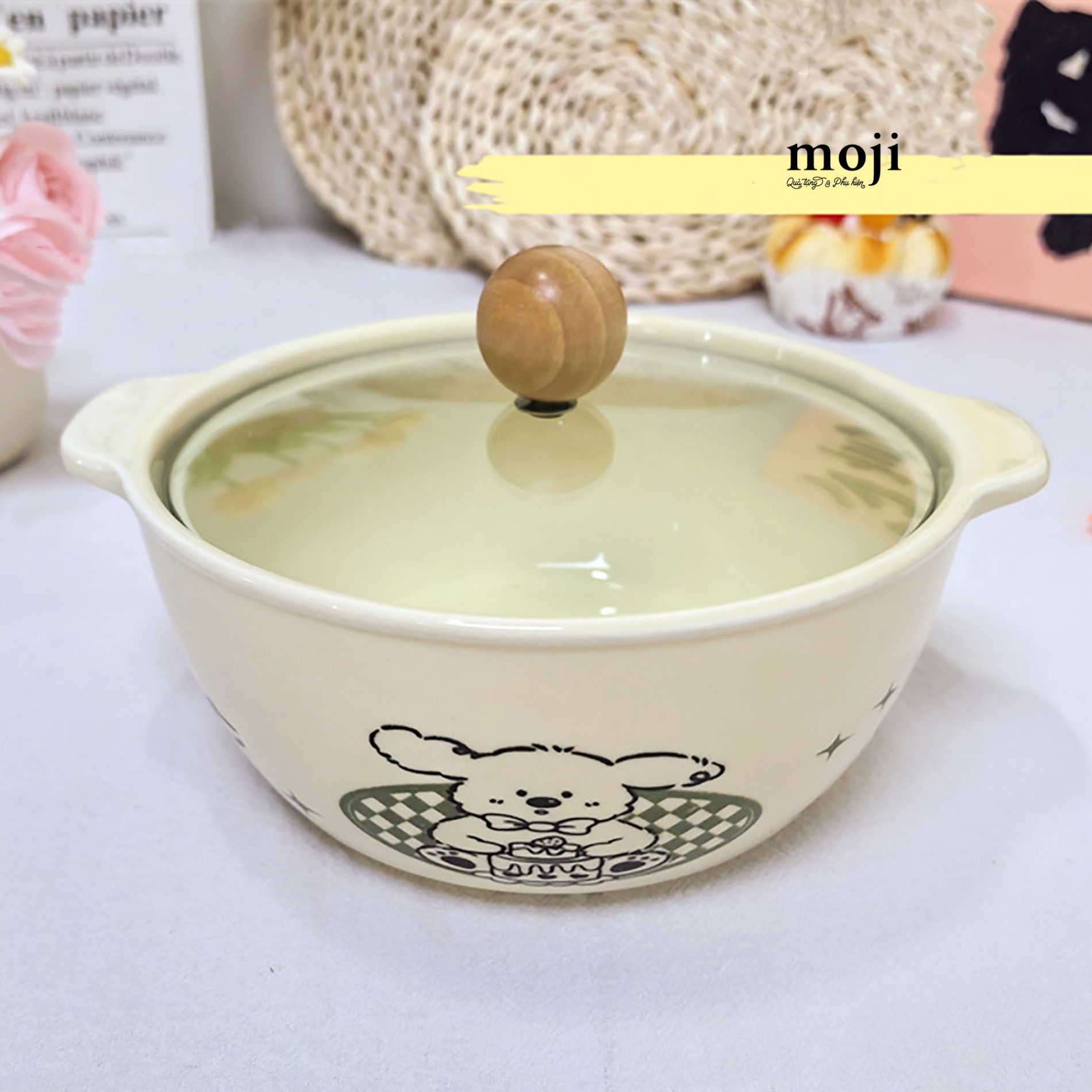 Chén bát gốm sứ kèm nắp thủy tinh Dog cake happy moment 7x16