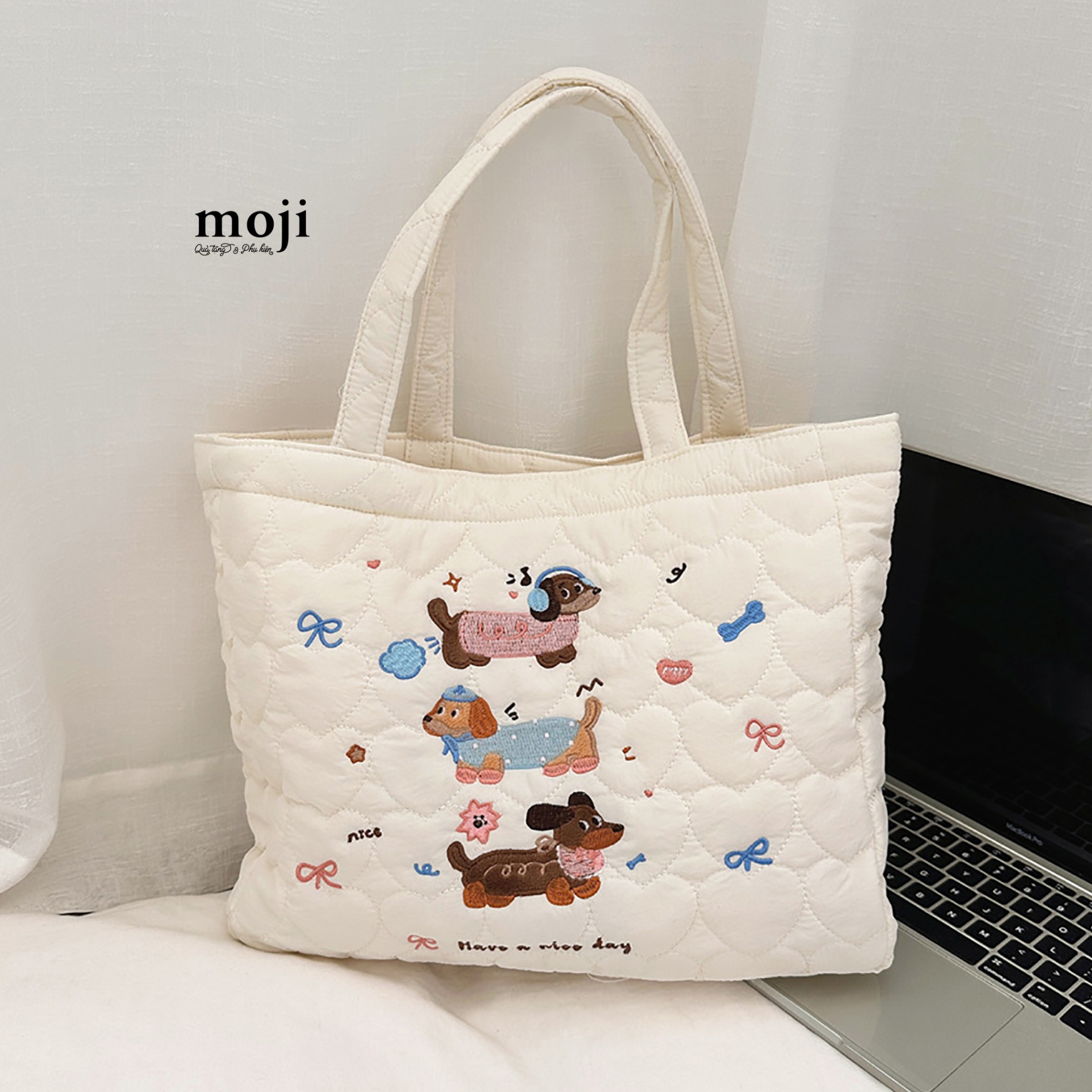 Túi đeo vải Nice dog bow nơ have a nice day 8x27x32