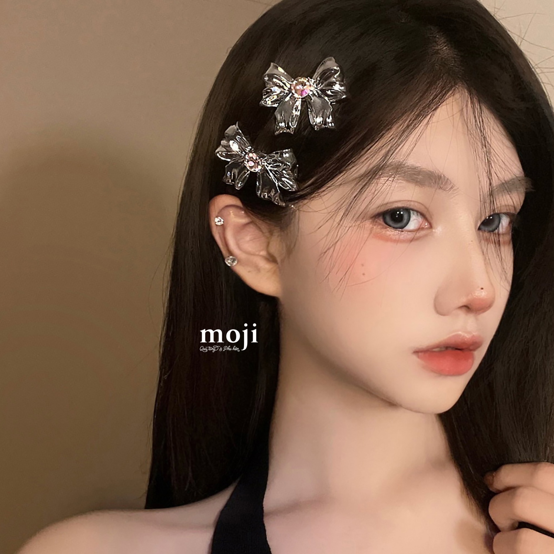 Kẹp tóc MJ Silver heart bow nơ ruy băng đính đá
