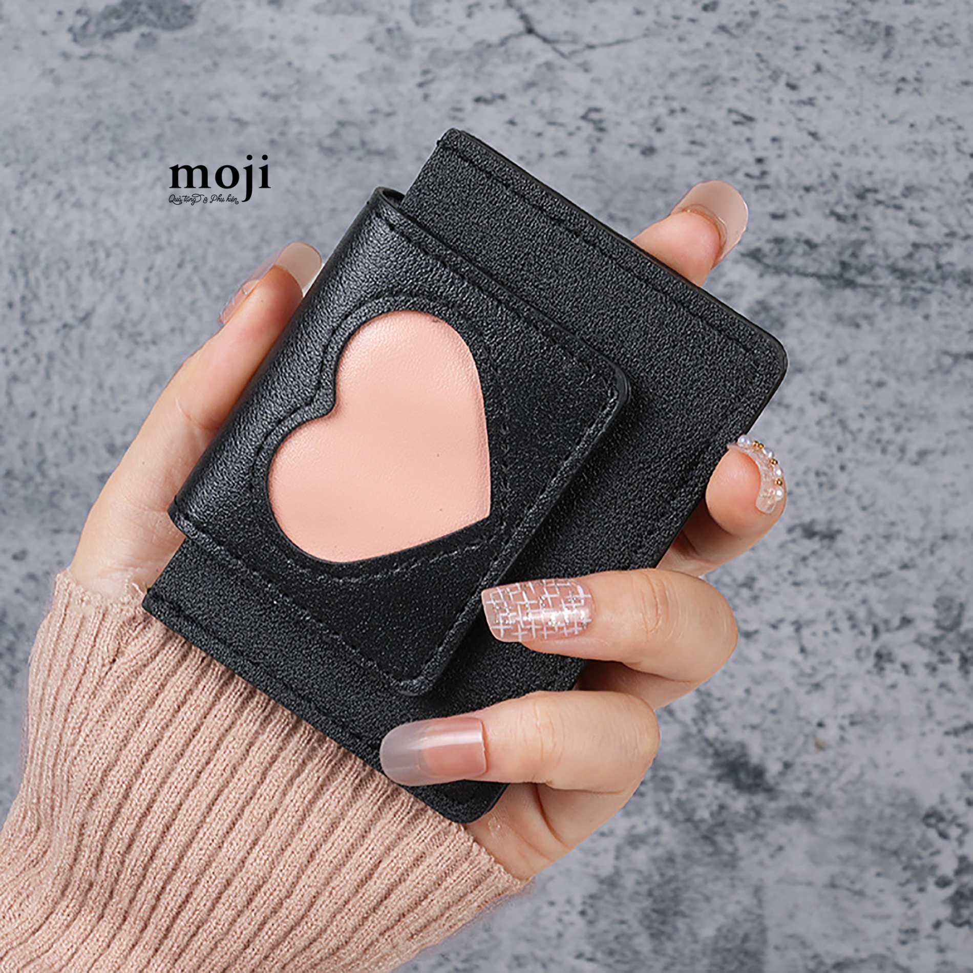 Ví da dáng ngắn Heart nền màu nắp gập 7x9
