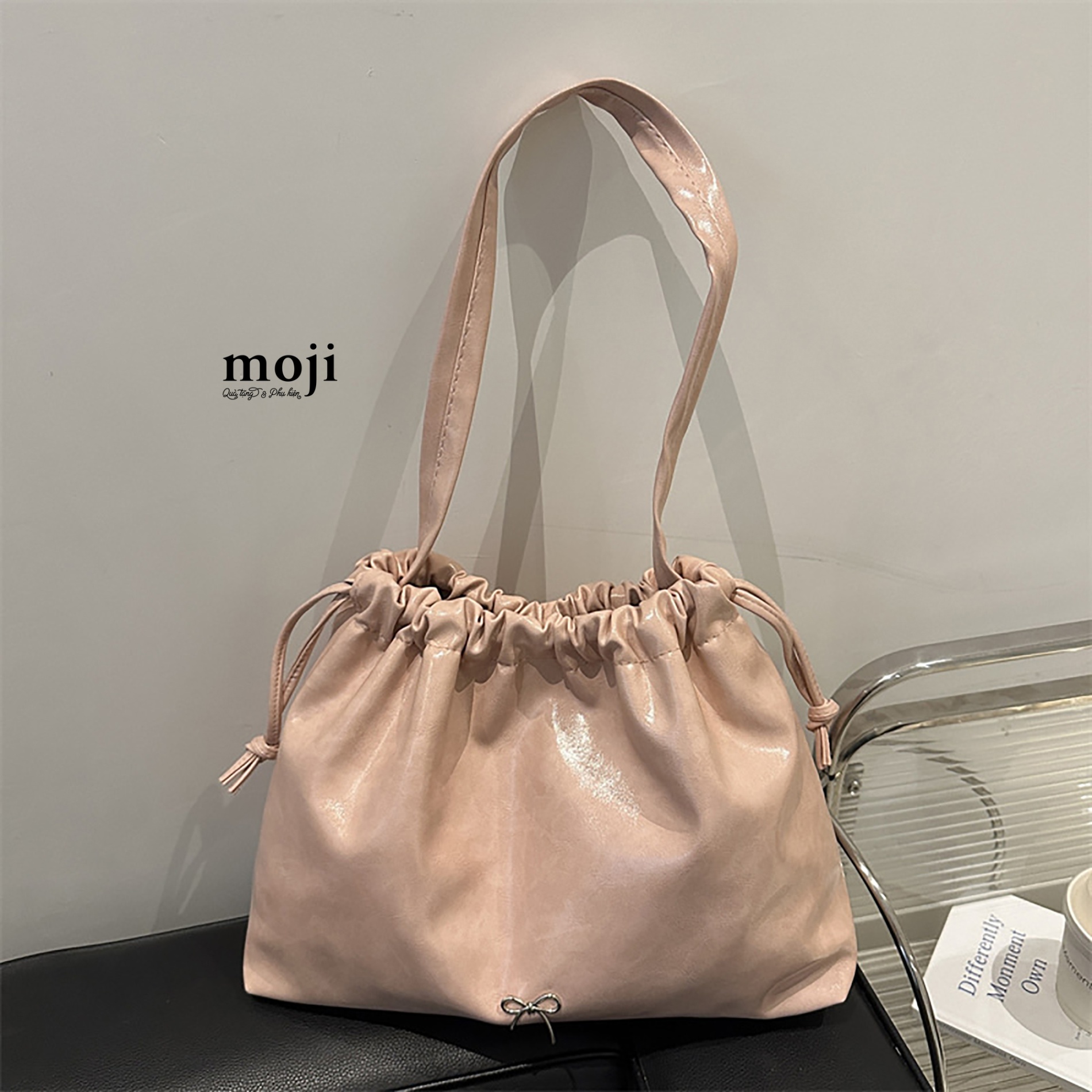 Túi đeo da Little bow nơ nhỏ nền màu dây rút 10x26x33