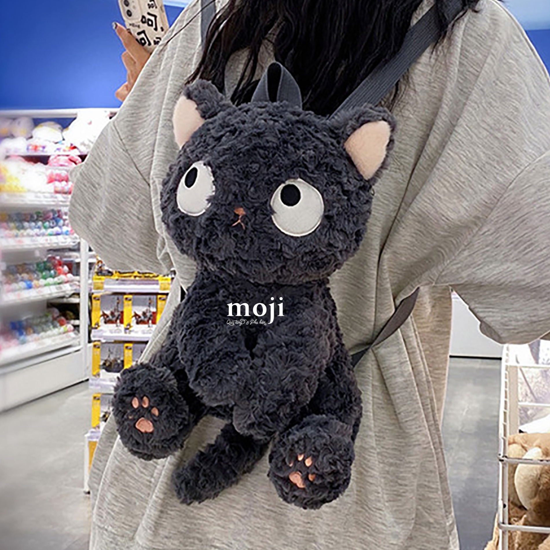 Balo gấu bông Black cat big eyes biểu cảm 12x15x30