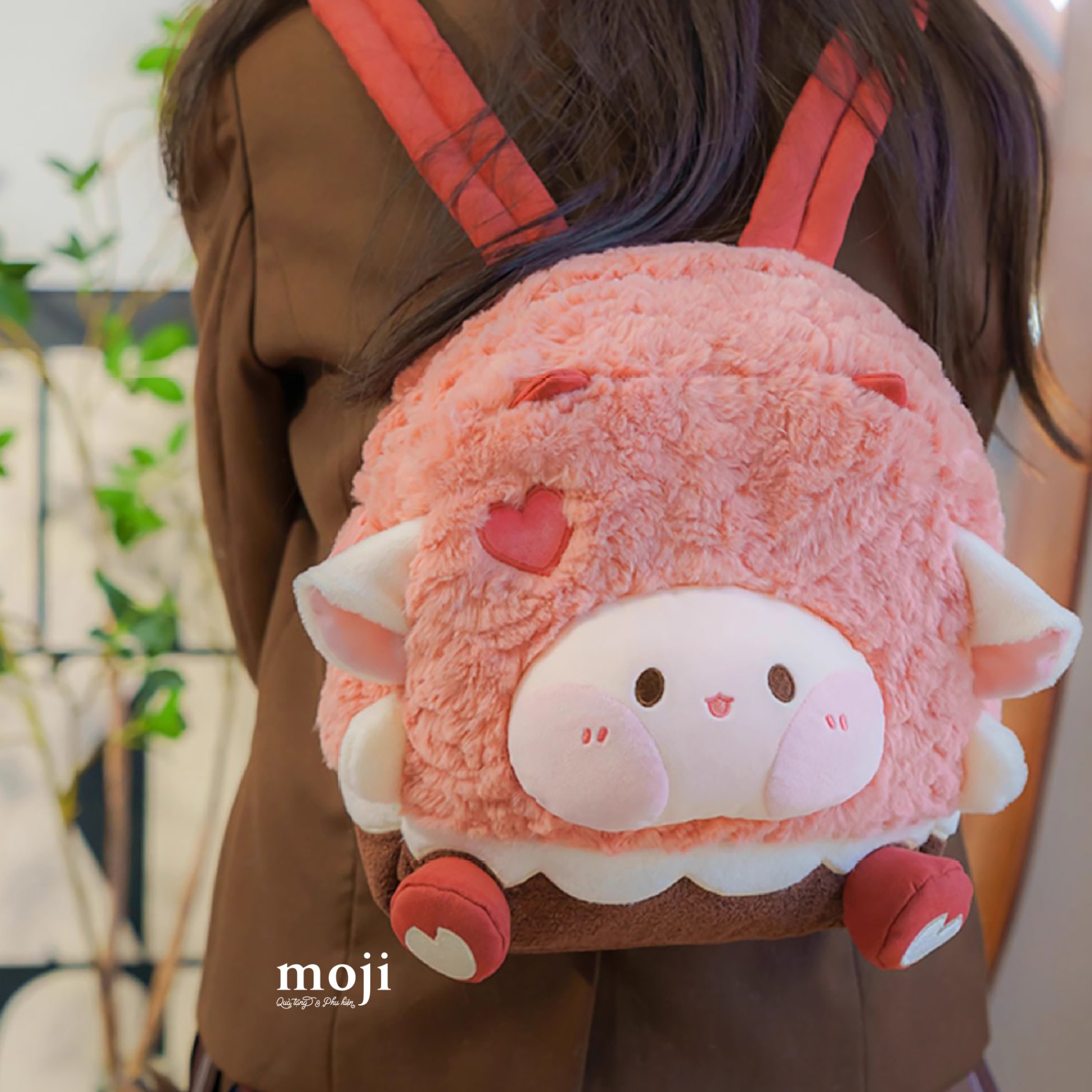 Balo vải lông xù Cute sheep heart có tai chân nổi 28x28