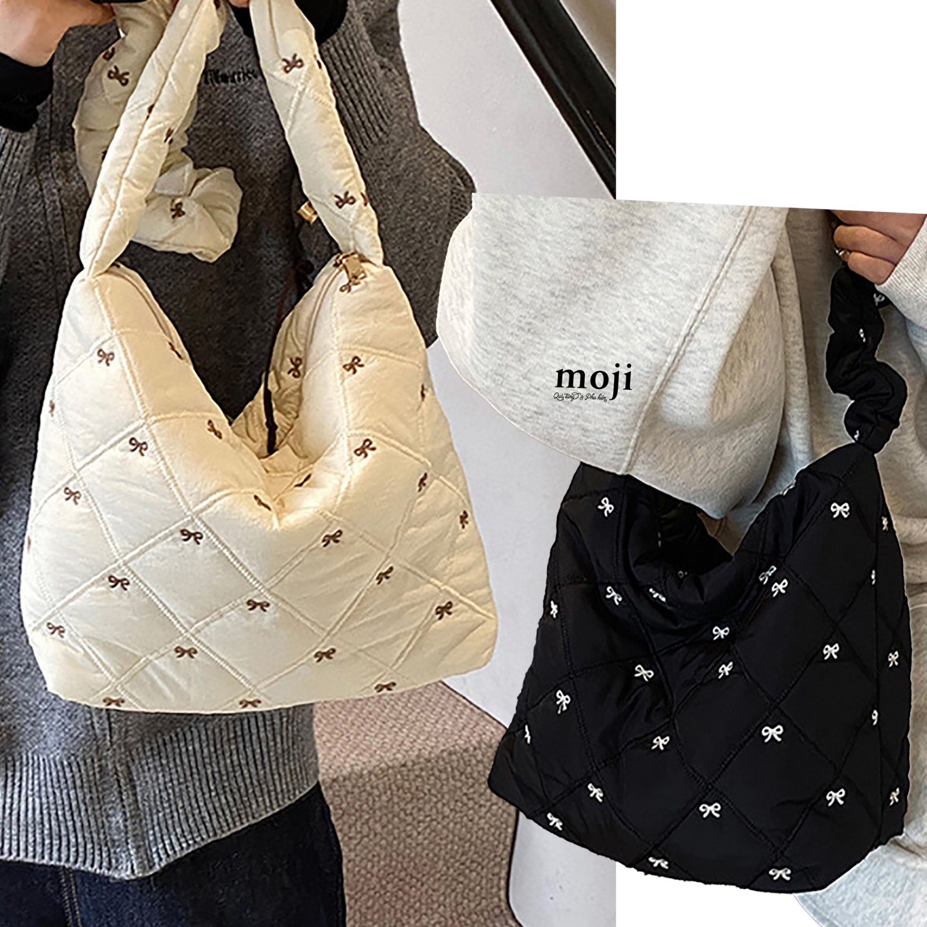 Túi đeo chéo vải Little bow nơ nhỏ nền màu ô vuông 11x23x31