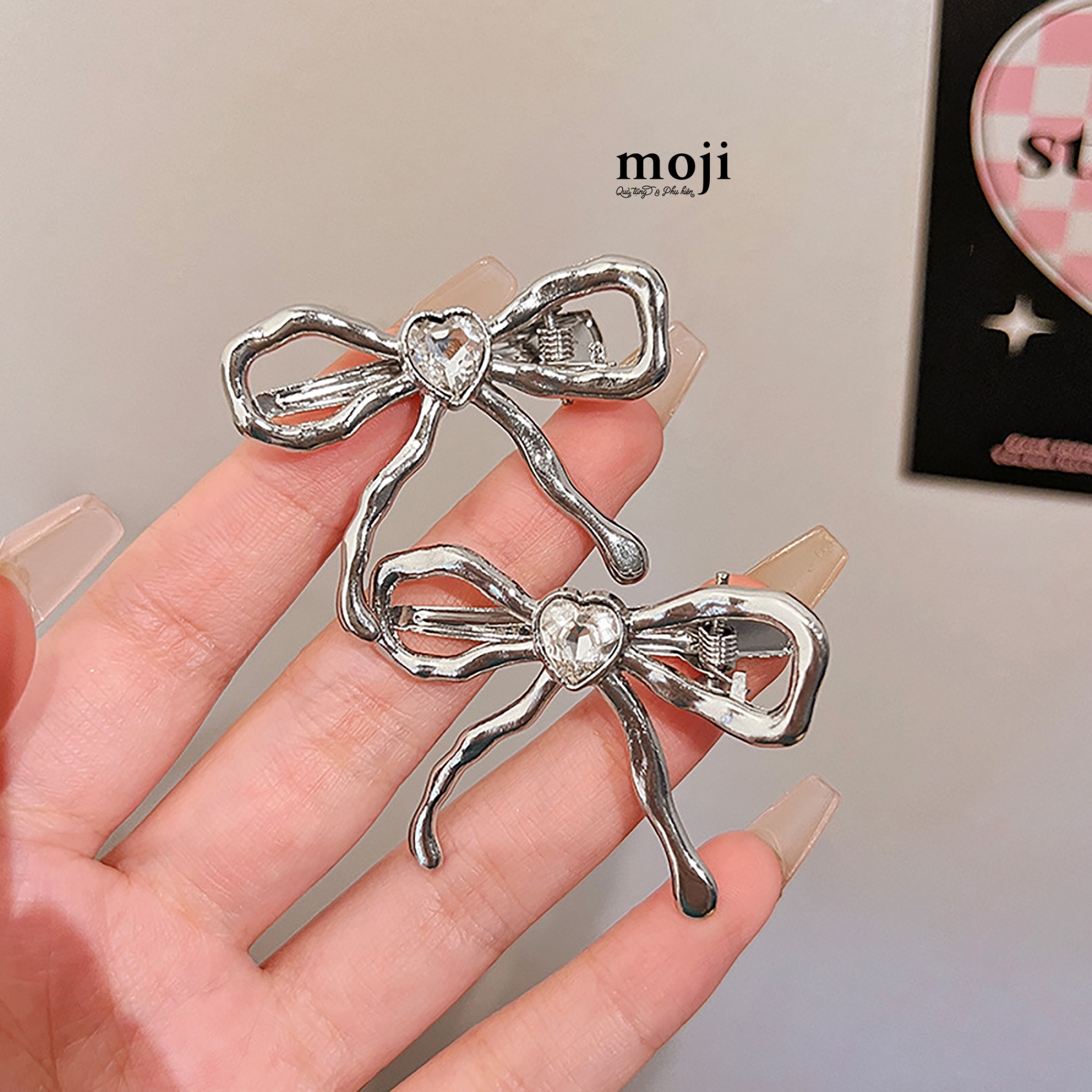 Kẹp tóc MJ Silver heart bow nơ đính đá