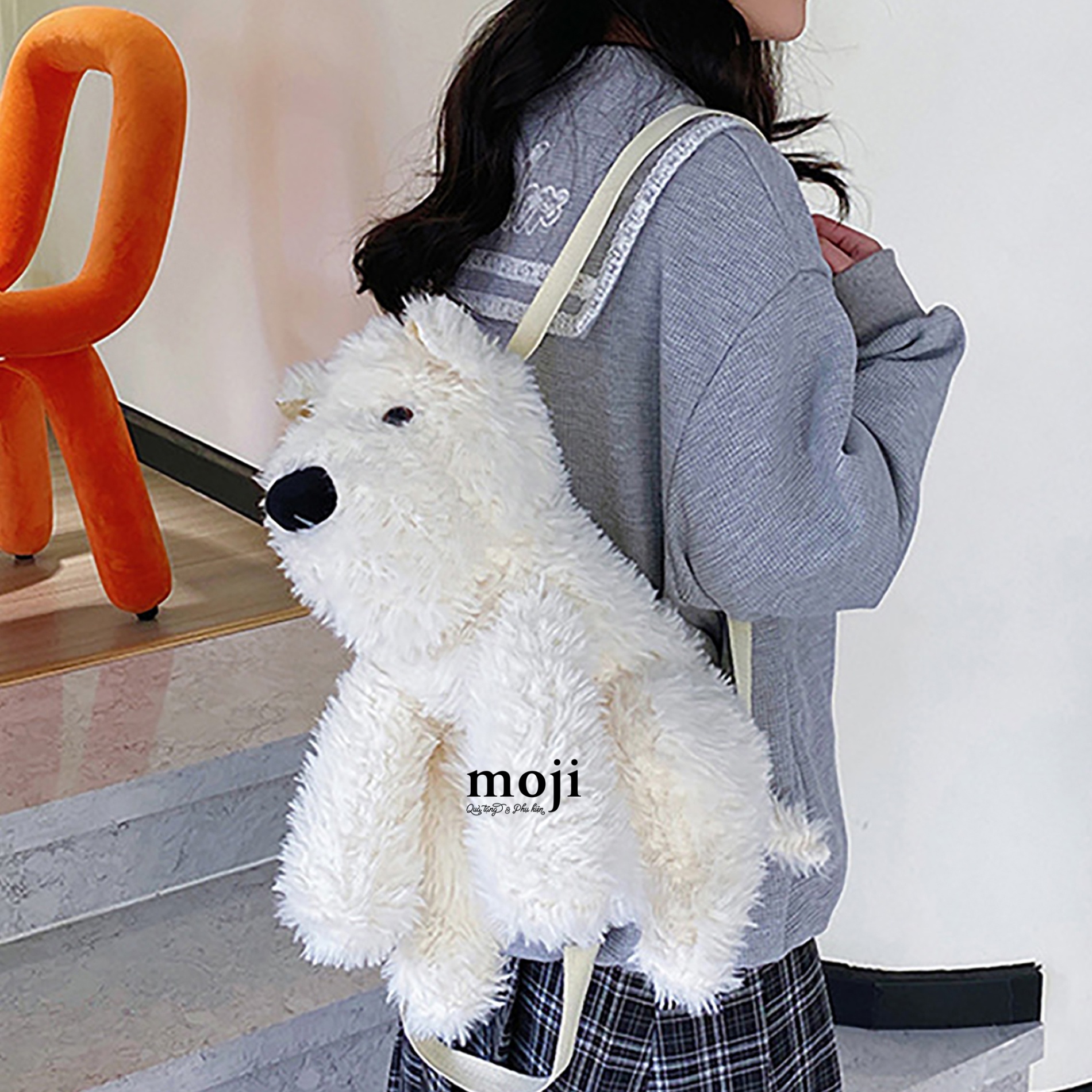 Balo gấu bông White dog mũi to ngồi 30cm