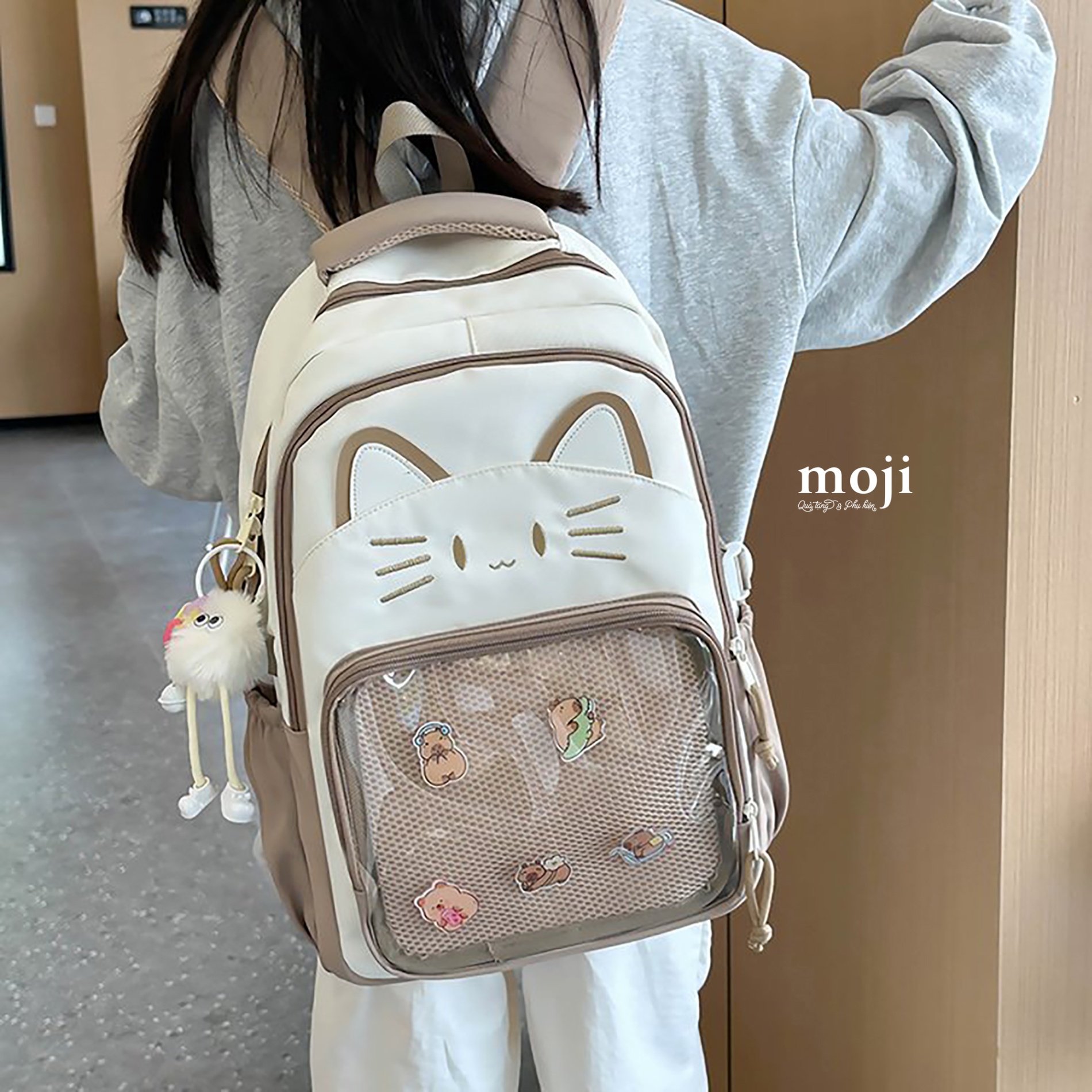 Balo vải Cute cat face phối màu 13x30x43