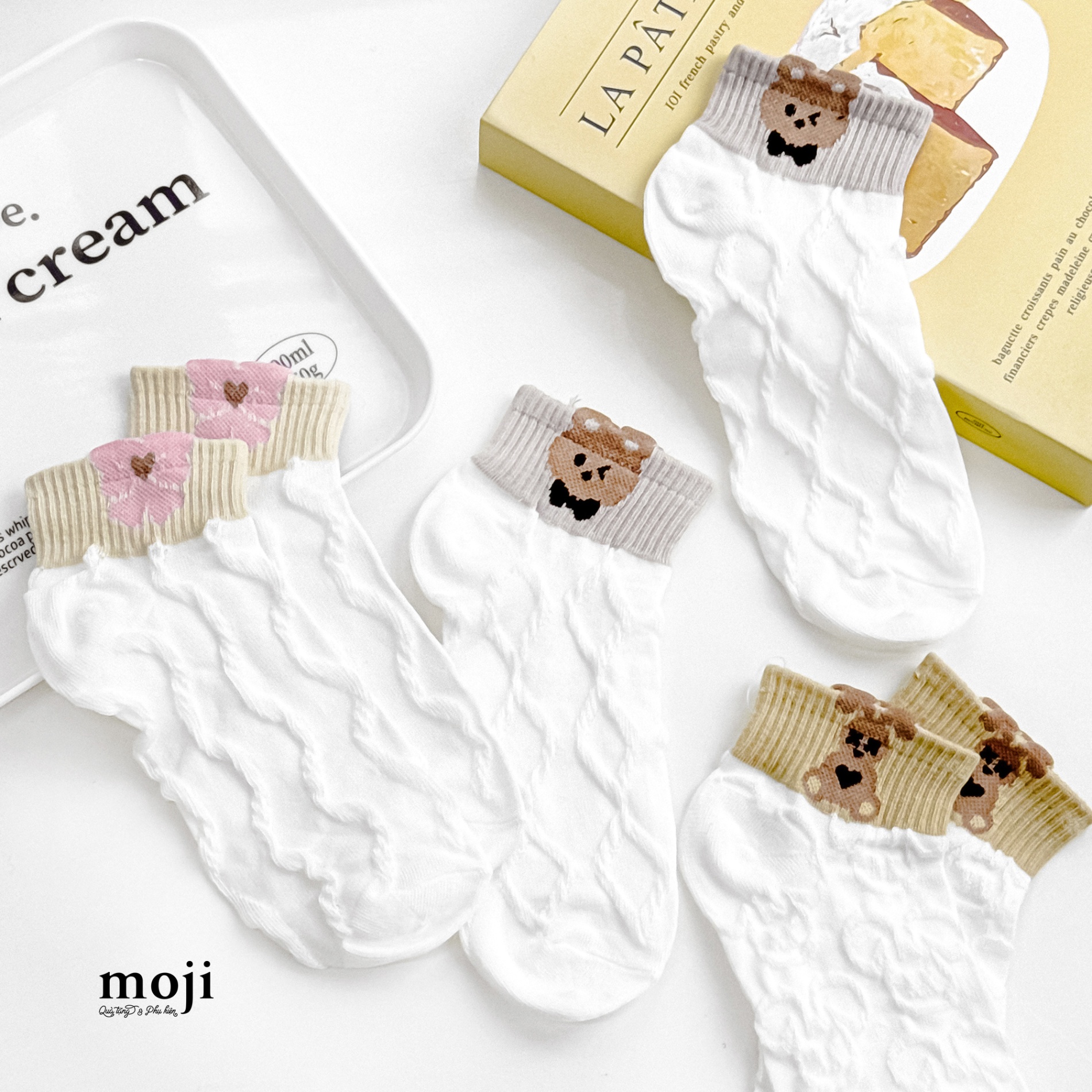 Tất vớ cổ ngắn Baby bear rabbit bow nơ họa tiết dập nổi