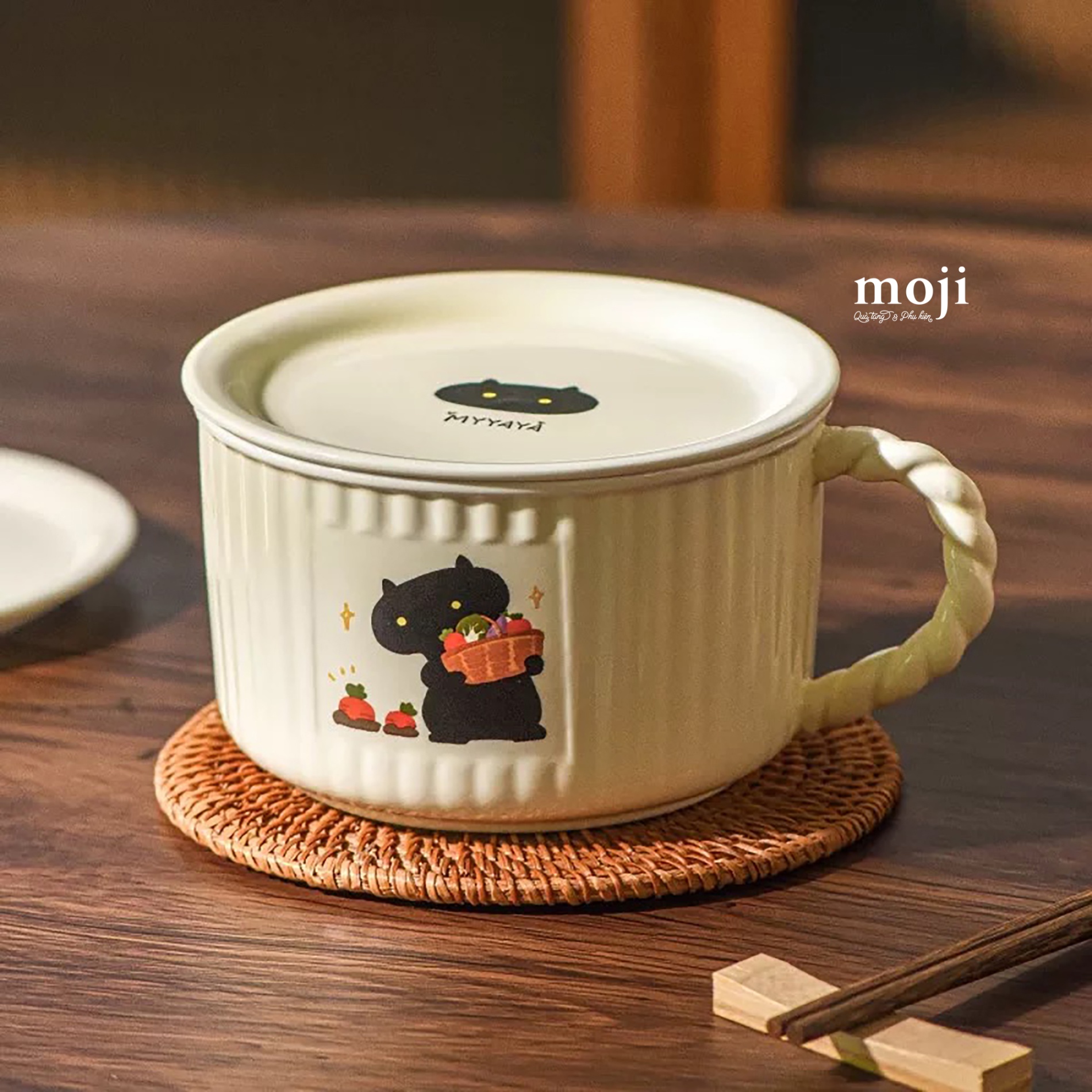 Chén bát gốm sứ kèm nắp sứ Black cat thu hoạch rau củ nền kẻ sọc 9x14