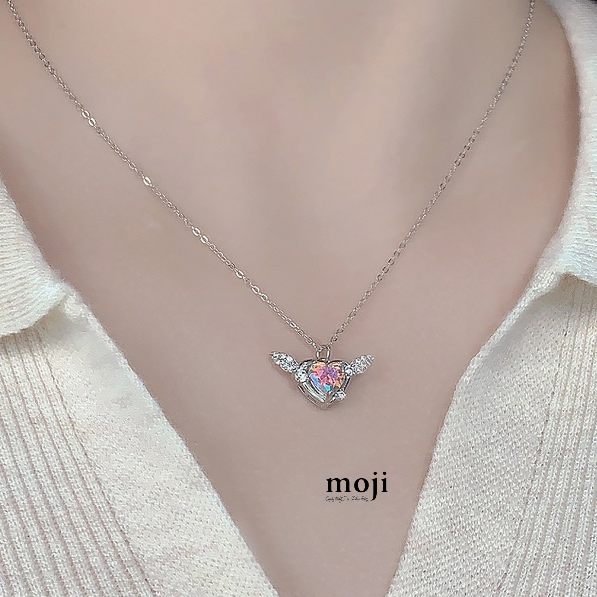 Dây chuyền mạ bạc Angel heart đá màu đính đá