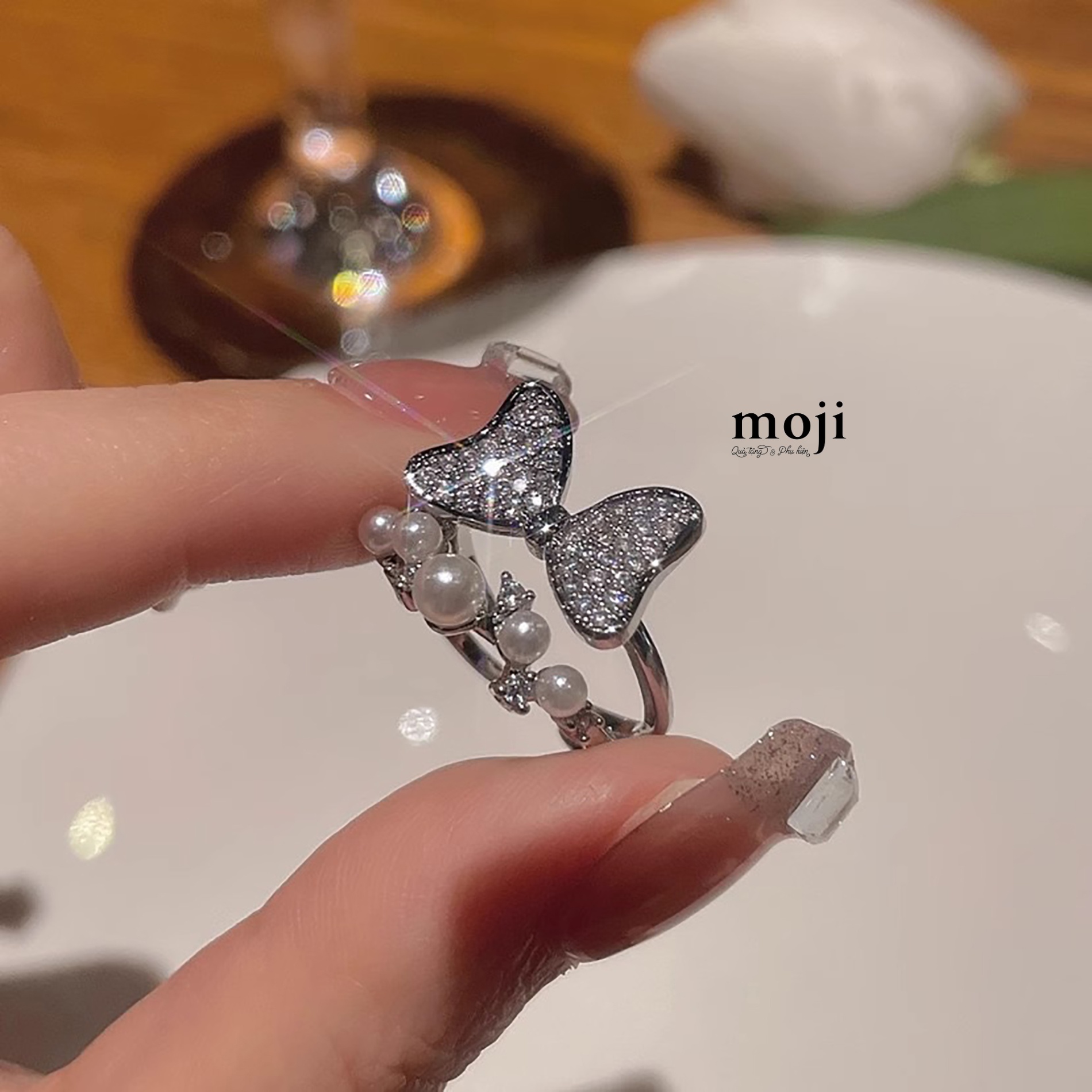 Nhẫn mạ bạc Bow nơ đính đá ngọc trai 2 hàng