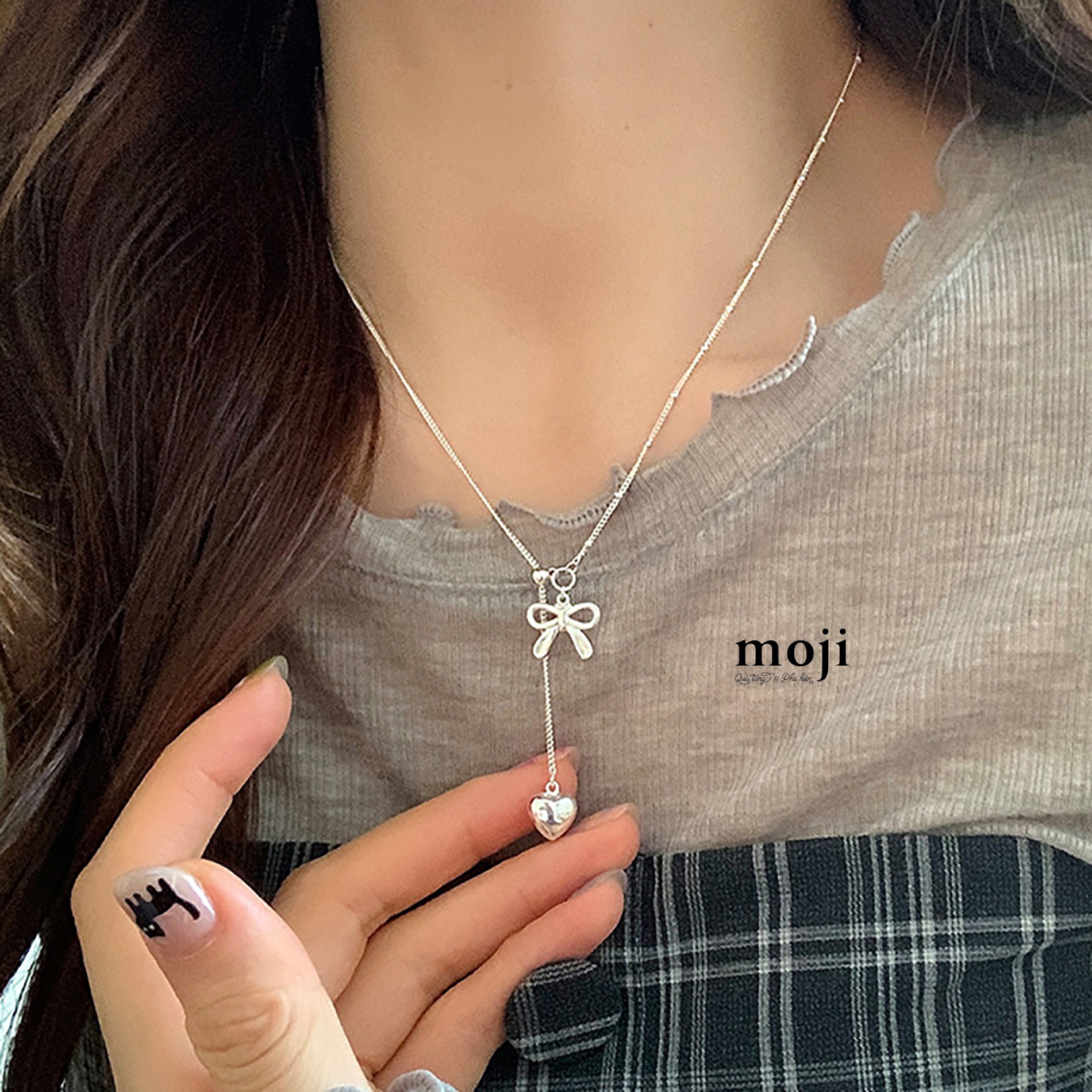 Dây chuyền mạ bạc Bow nơ hạt tròn dây dài thả trái tim