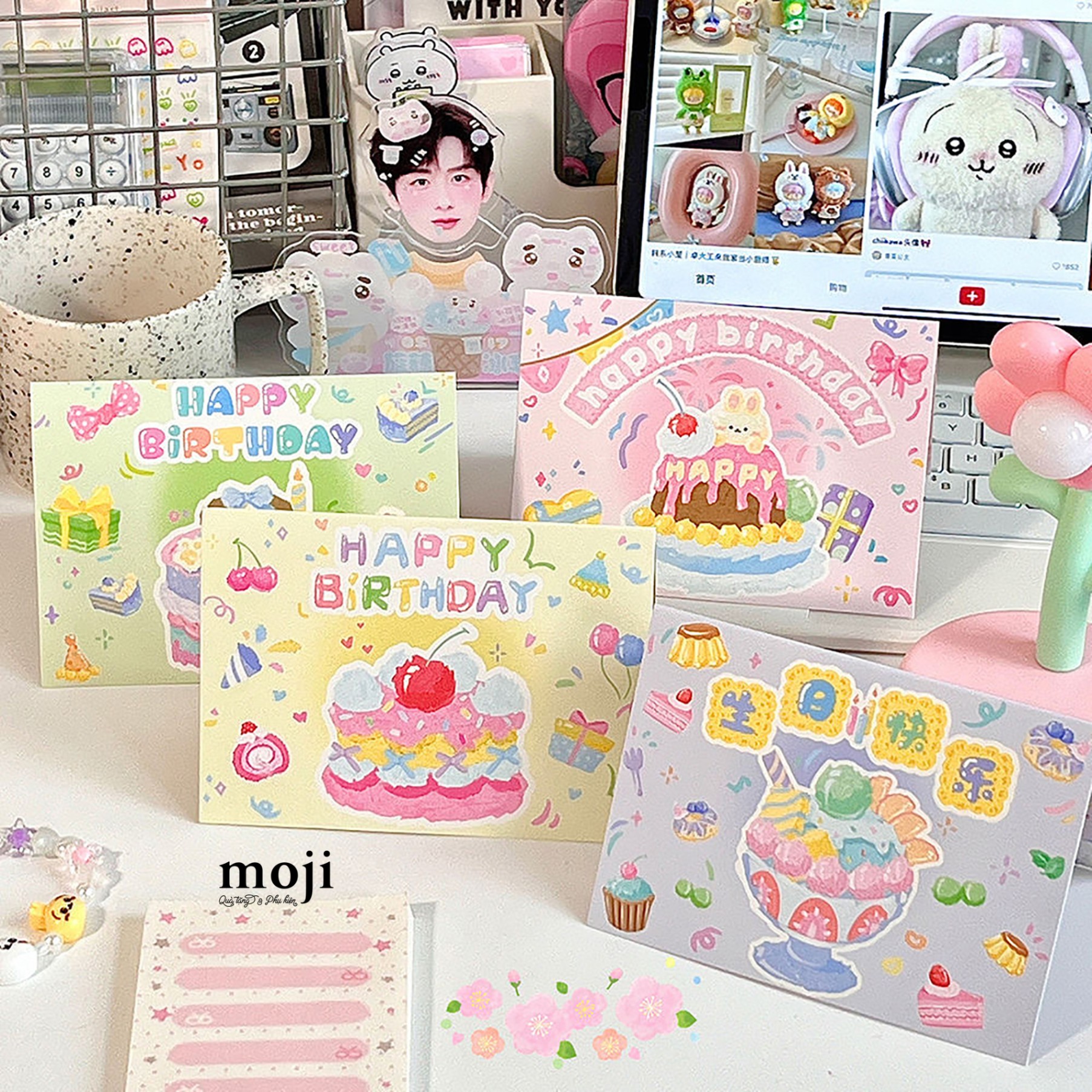 Thiệp 3D Happy birthday rabbit fruit cake painting 9x12