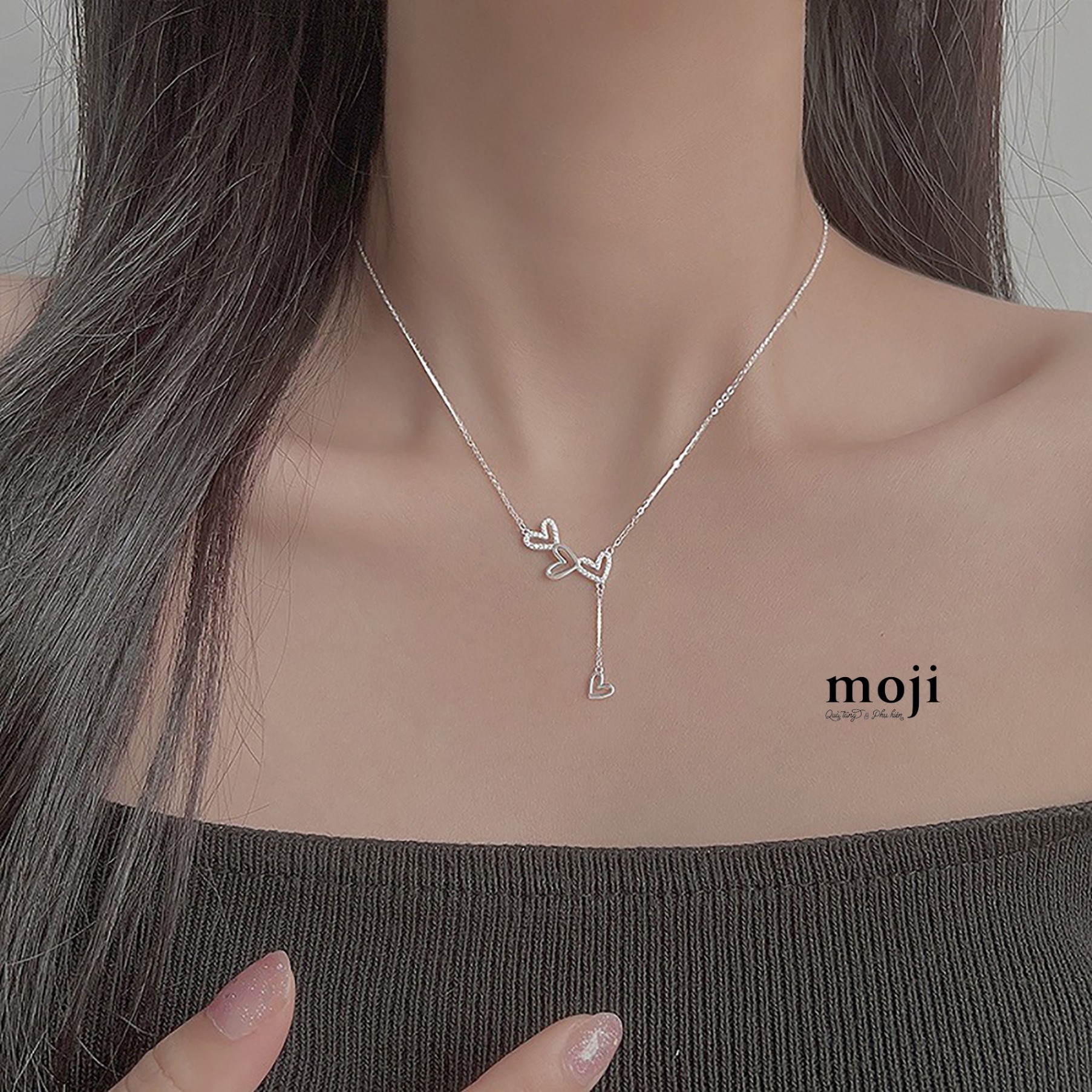 Dây chuyền mạ bạc Triple heart dây dài thả trái tim