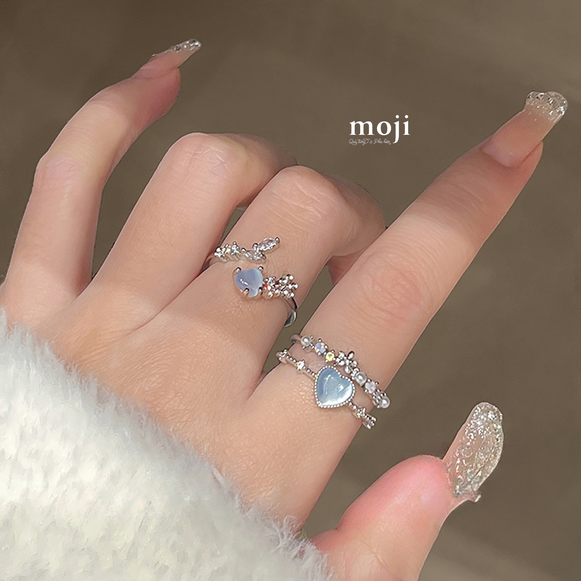 Nhẫn mạ bạc Heart flower leaf đính đá