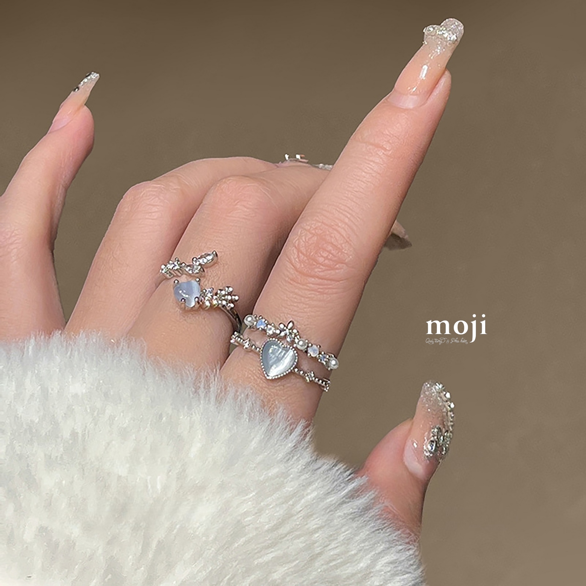 Nhẫn mạ bạc Heart flower đính đá màu 2 hàng