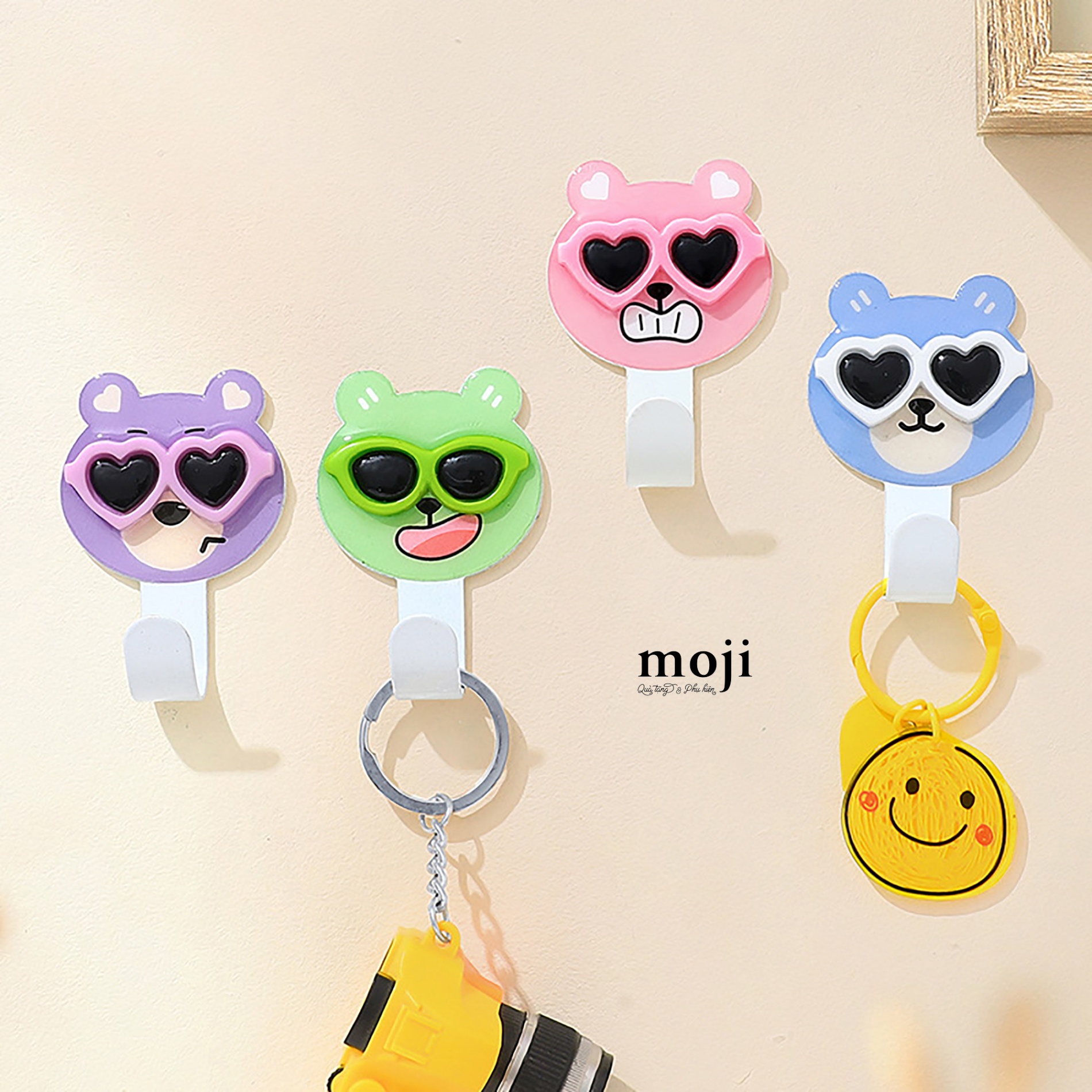 Móc treo đồ kim loại nổi Baby bear face biểu cảm đeo kính set2