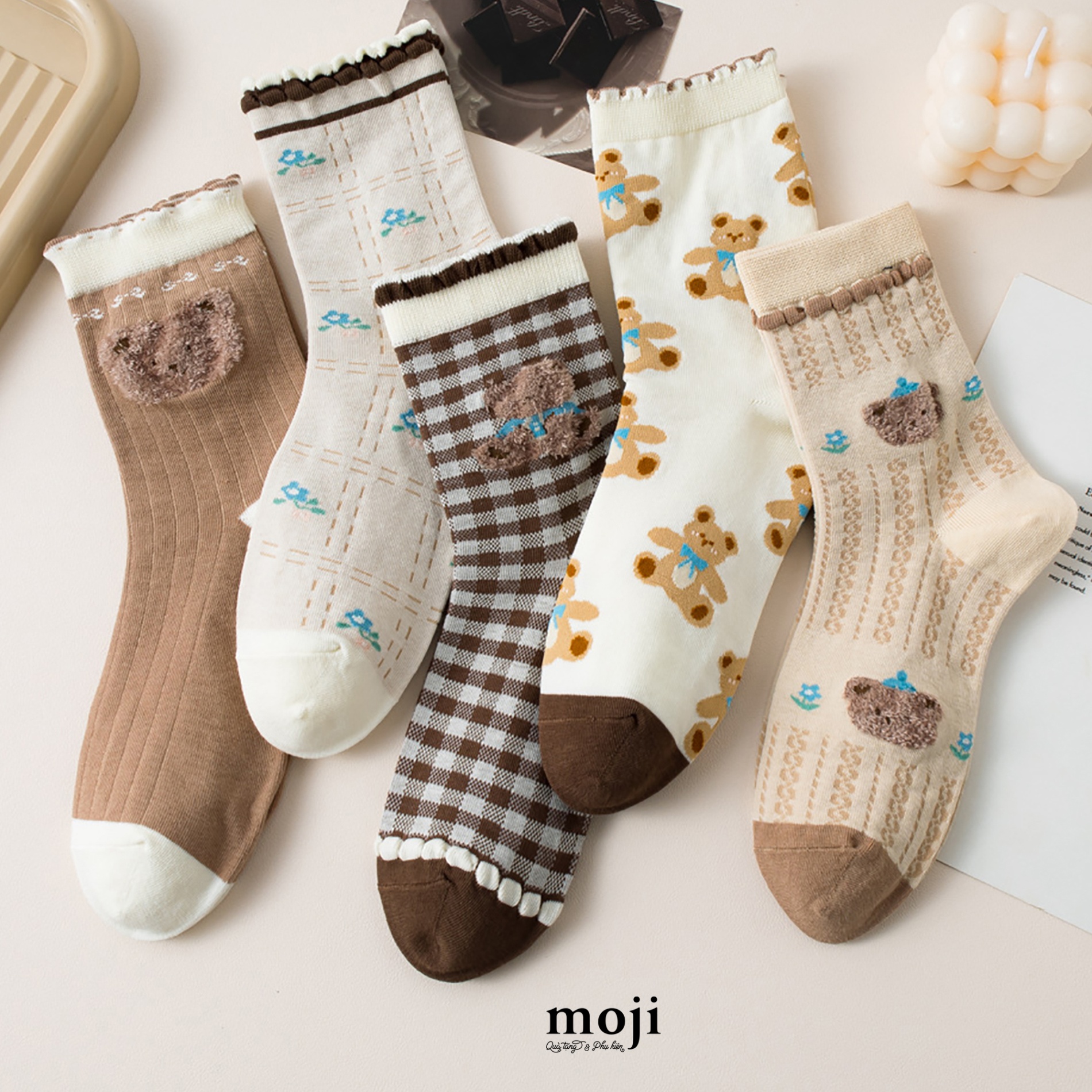 Tất vớ cổ cao Baby bear flower cổ có viền màu
