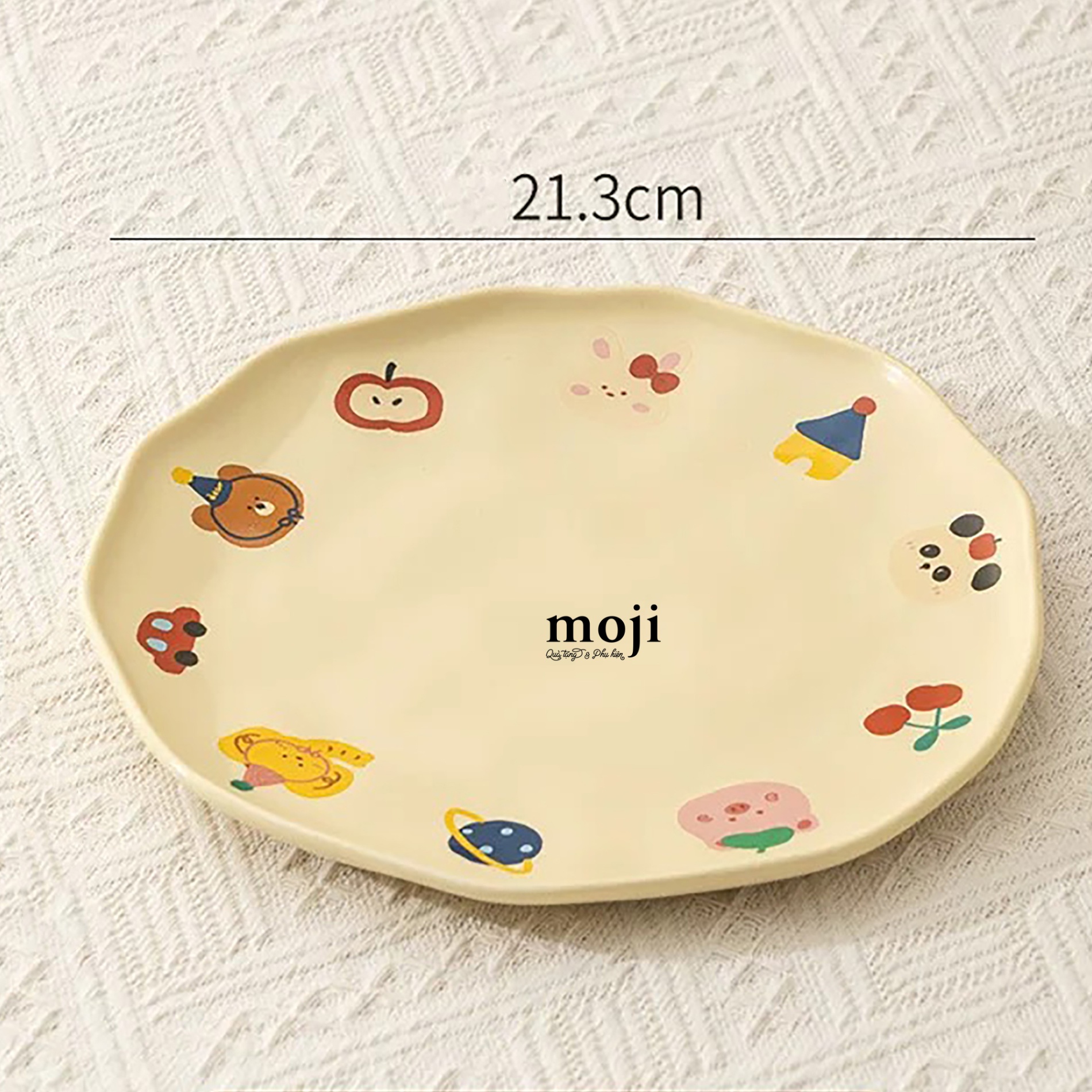 Đĩa gốm sứ Cute animal face bow nơ đội mũ party fruit 21cm