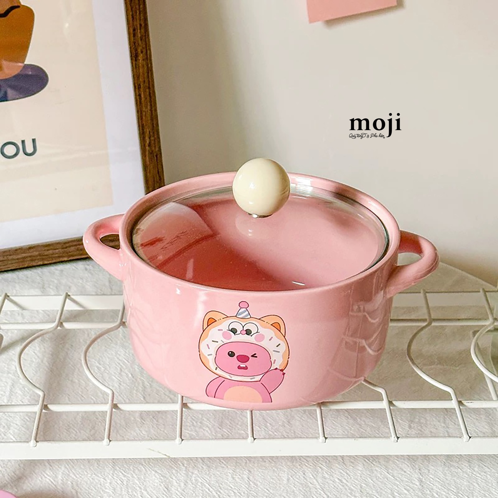 Chén bát gốm sứ kèm nắp thủy tinh Hải ly Loopy cosplay donut đội mũ party 8x15