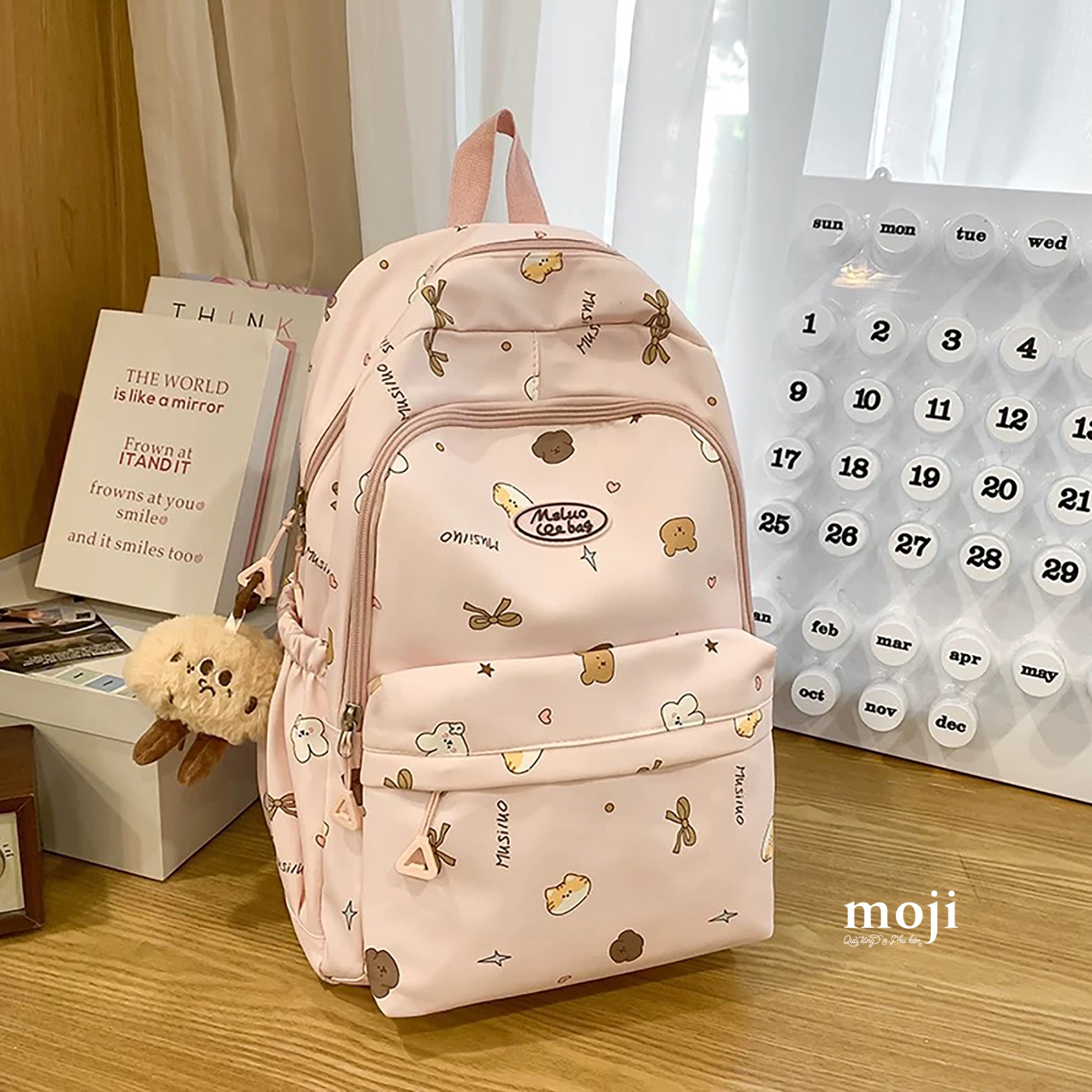 Balo vải Cute animal face little heart bow nơ ngôi sao kèm móc 19x30x45