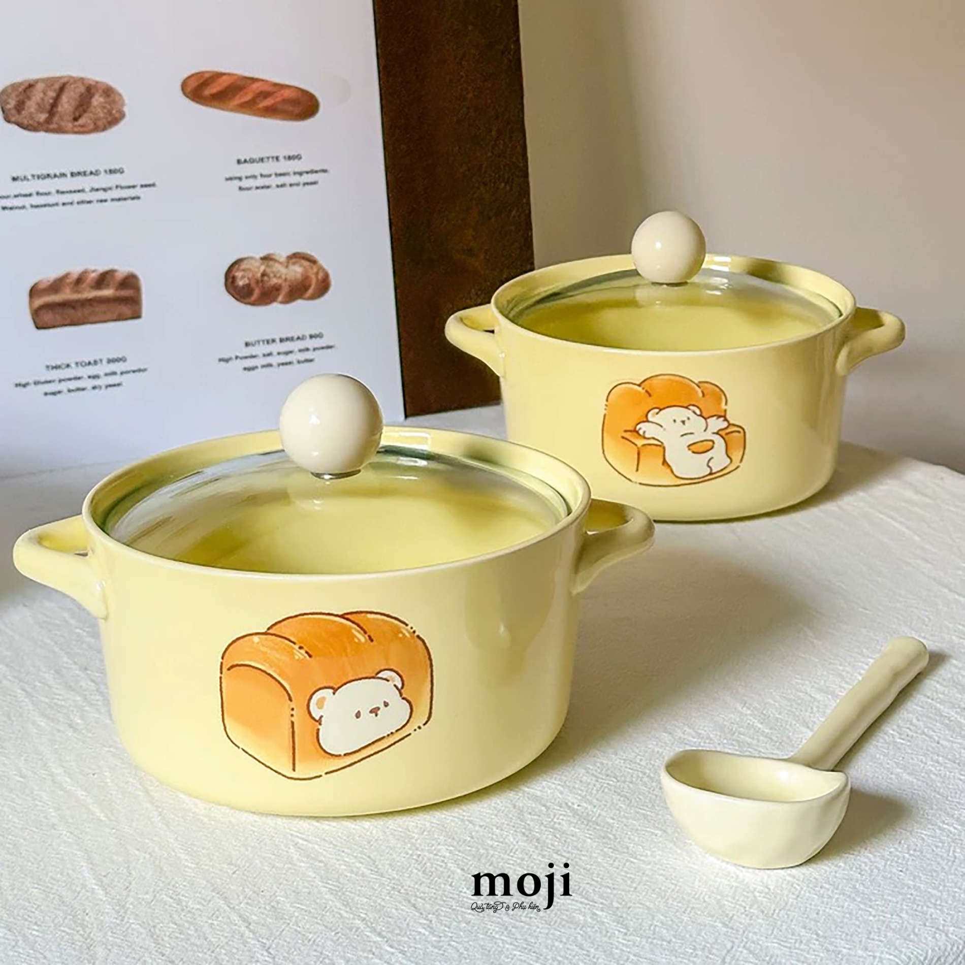 Chén bát gốm sứ kèm nắp thủy tinh Baby bear bread face 8x15