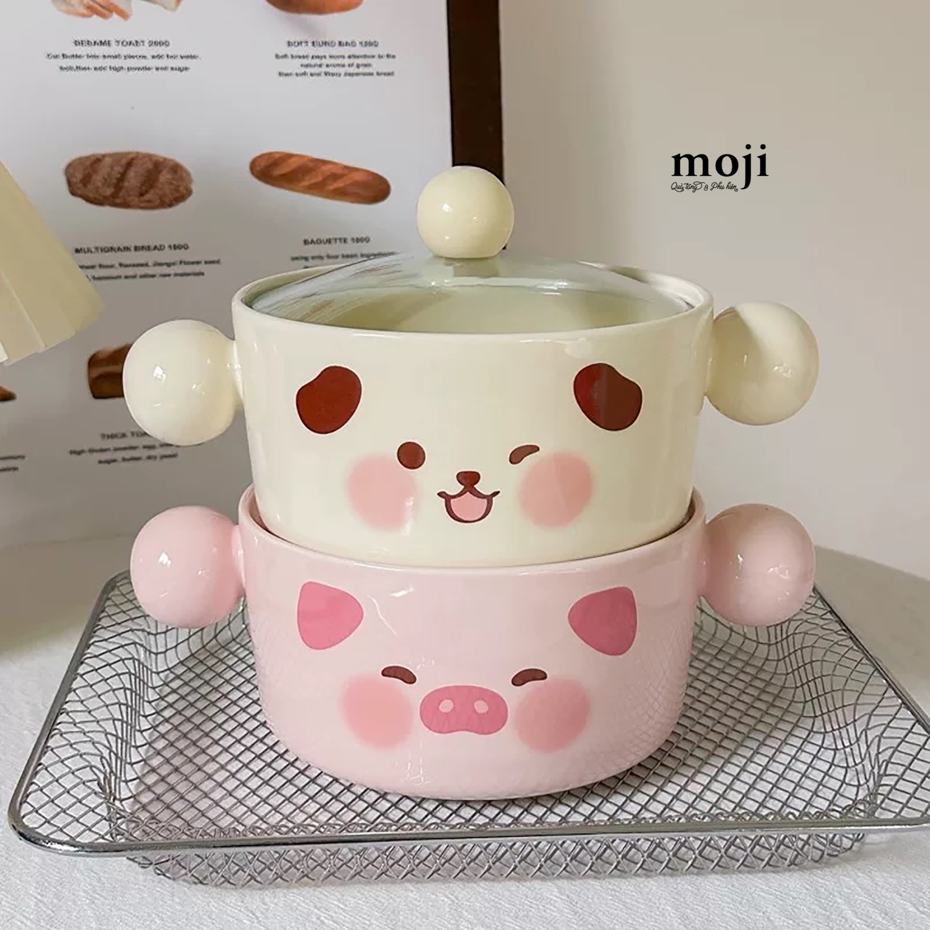 Chén bát gốm sứ kèm nắp thủy tinh Cute dog pig face má hồng biểu cảm 8x15