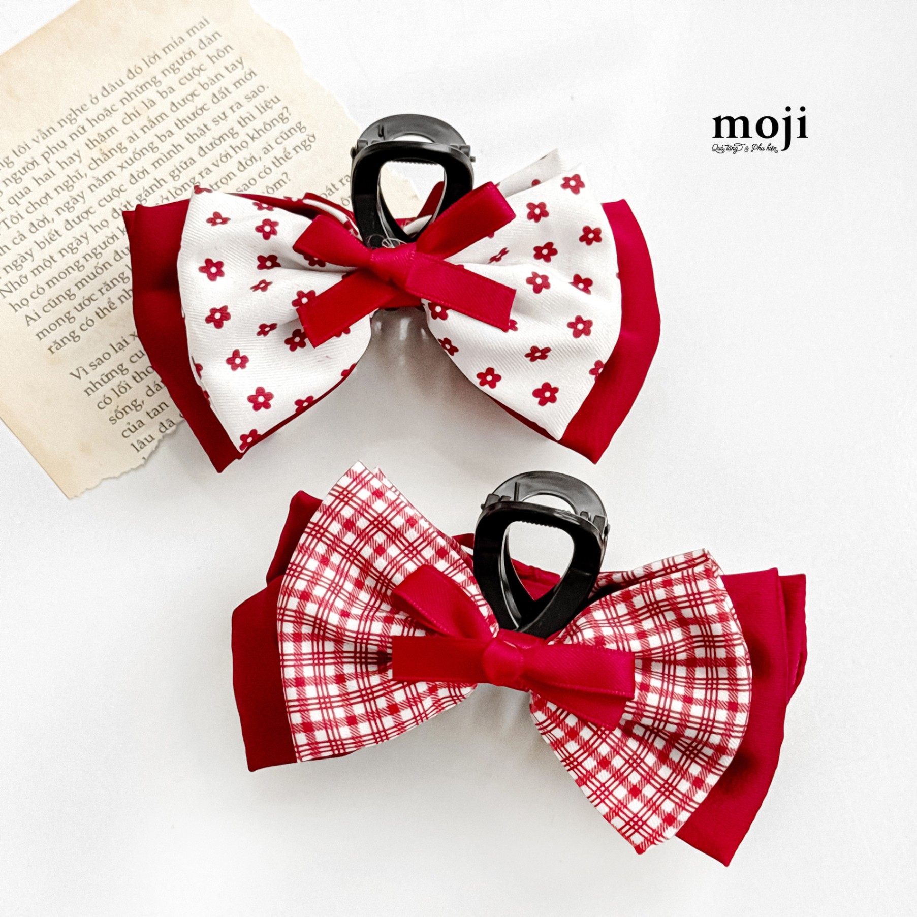 Kẹp tóc càng cua Bow nơ 2 tầng heart chấm bi kẻ ô