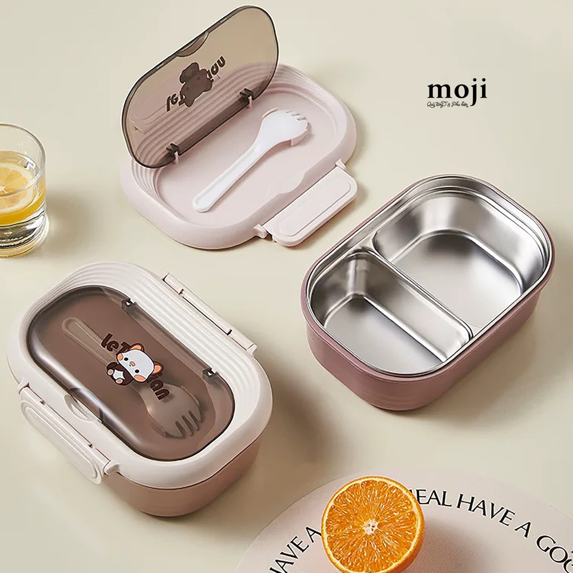 Hộp cơm inox Cute animal có tai phối màu ngồi 6x21x28