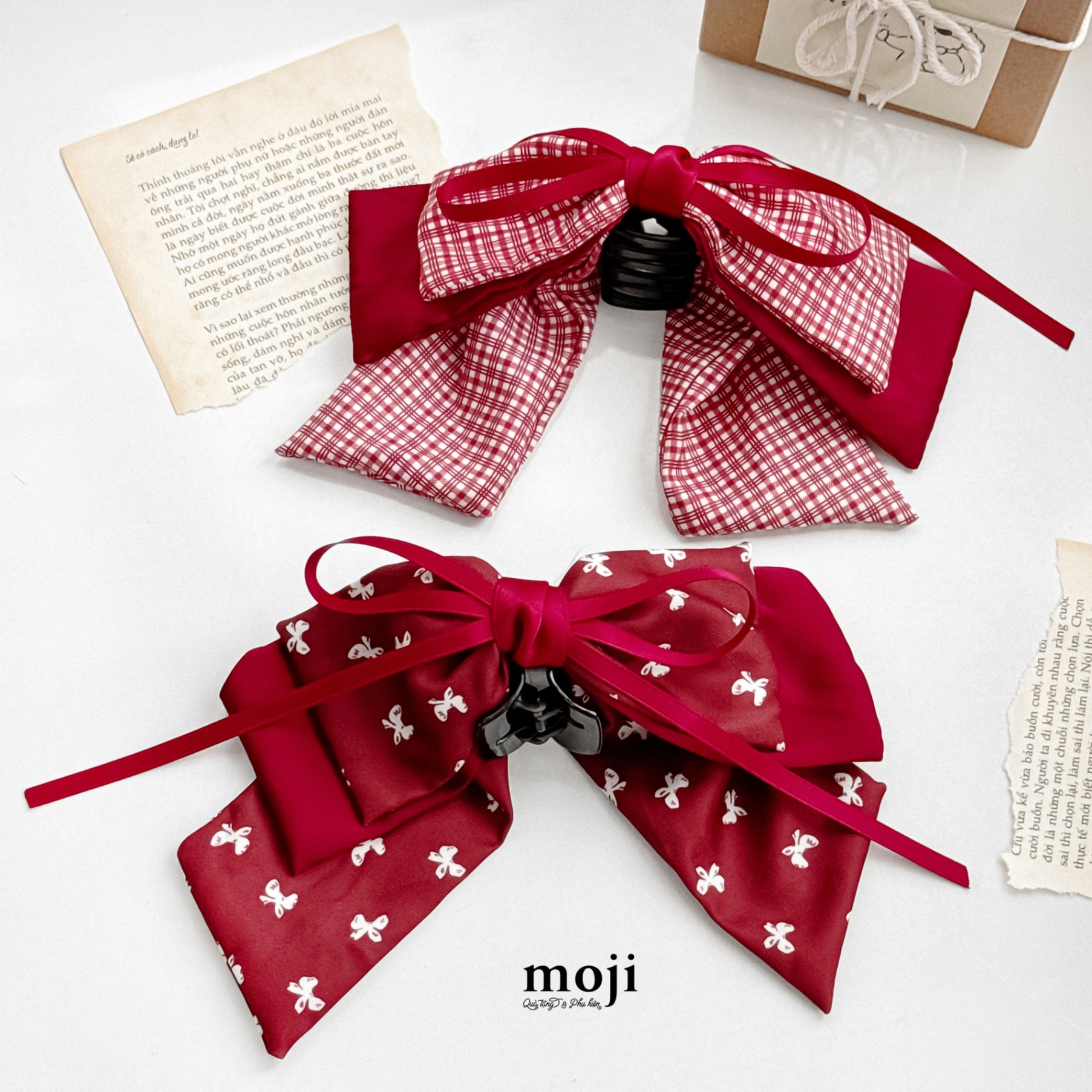 Kẹp tóc càng cua Bow nơ 2 tầng dây dài flower heart chấm bi ruy băng