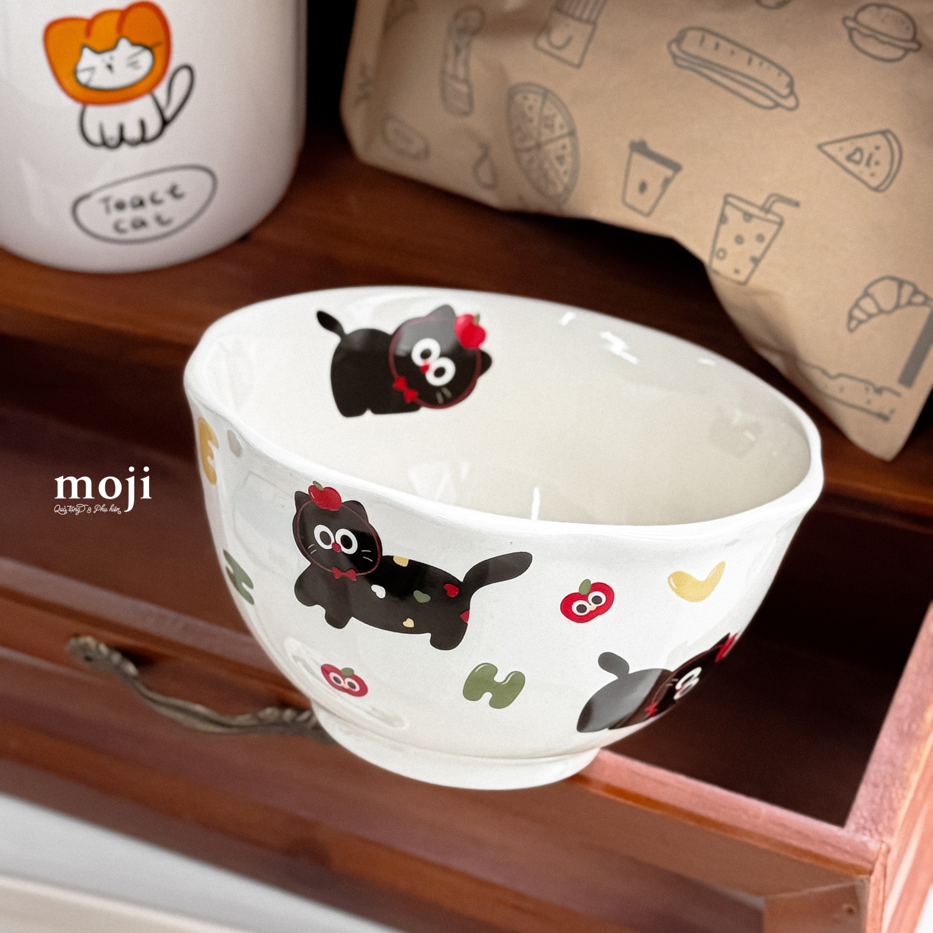 Chén bát gốm sứ Black cat fruit alphabet 6x11