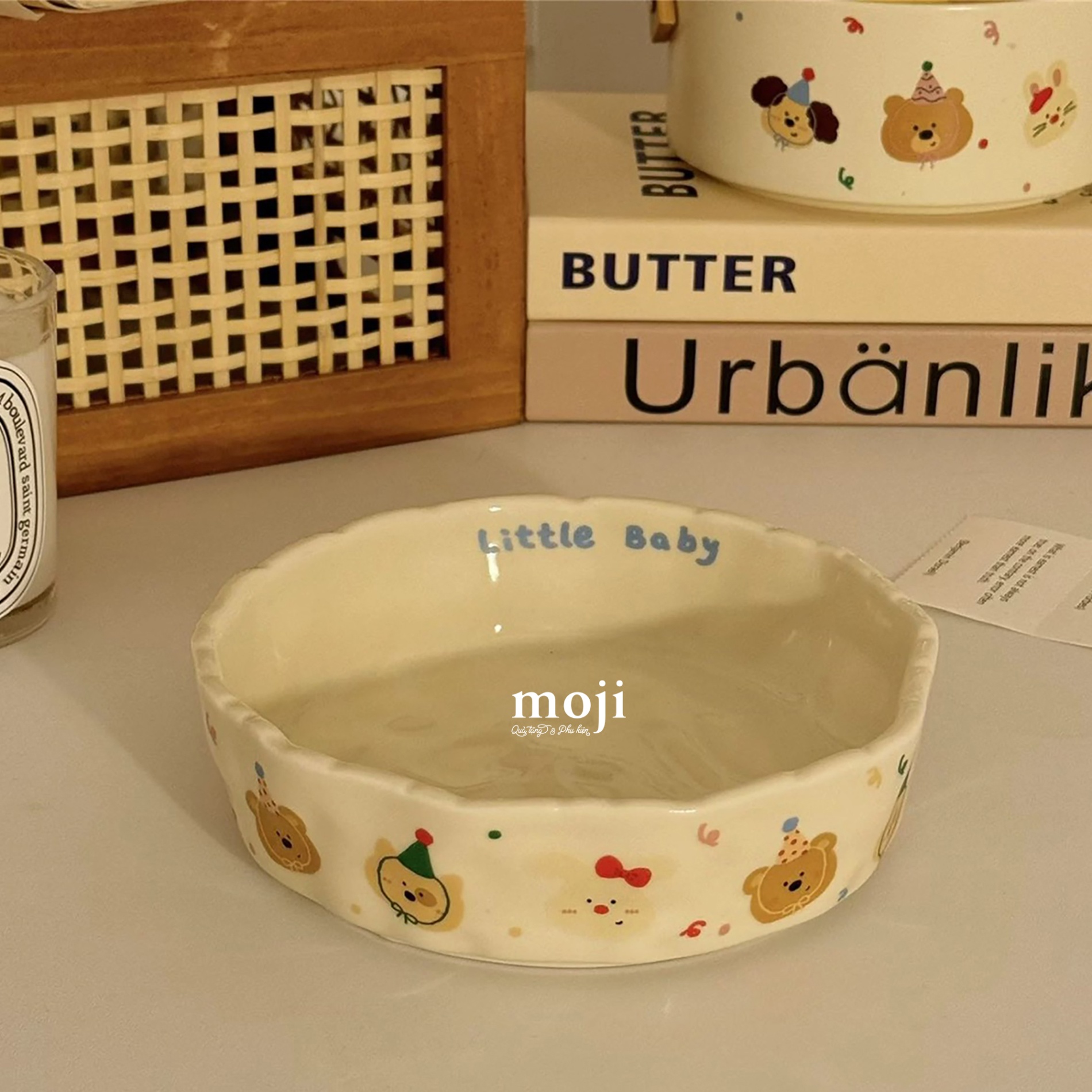 Đĩa gốm sứ Little baby animal face bow nơ đội mũ party 4x16