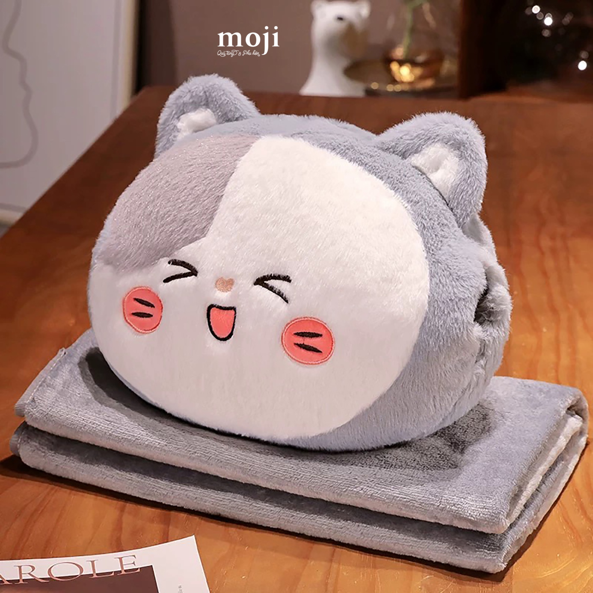 Bộ chăn gối 3in1 Cute cat dog face má hồng có tai 40x100x160