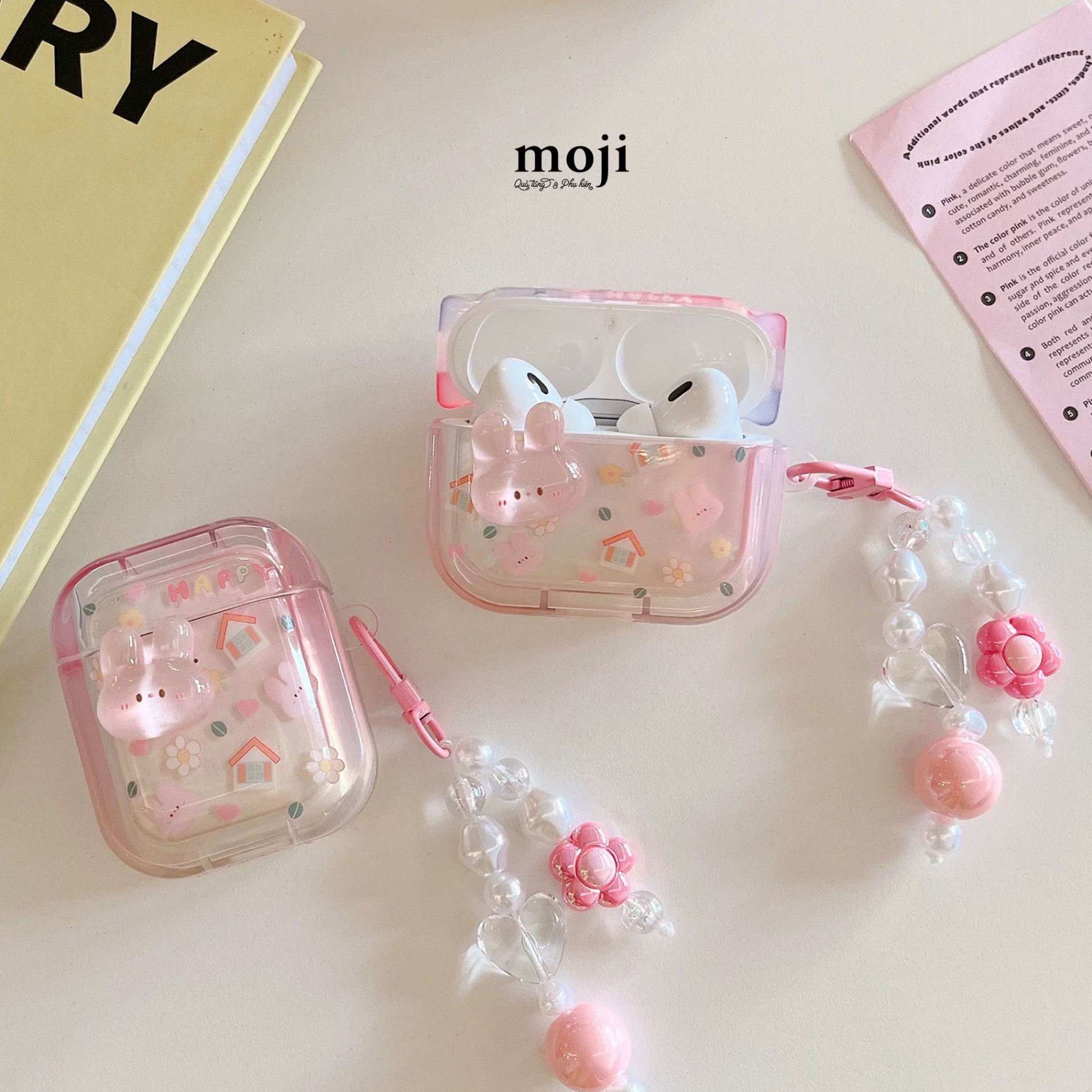 Case Airpods Rabbit face happy house flower kèm móc