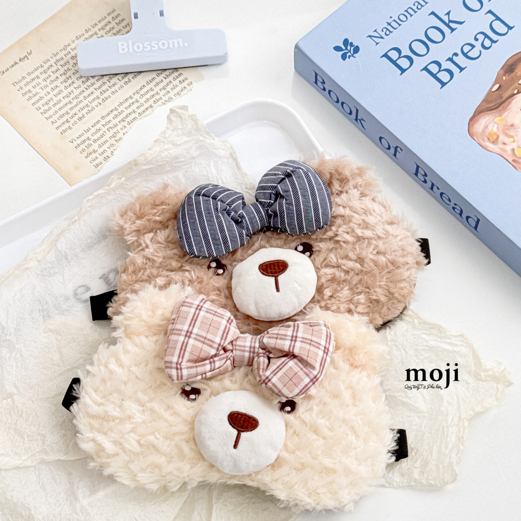 Kính ngủ có gel MJ Baby bear face lông xù bow nơ lớn