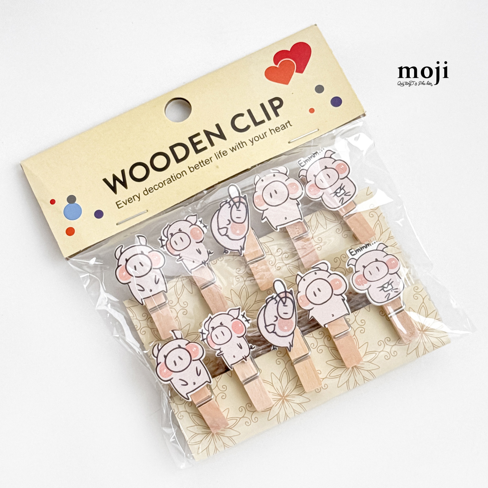 Kẹp gỗ Pig heo hồng má béo mũi to set10