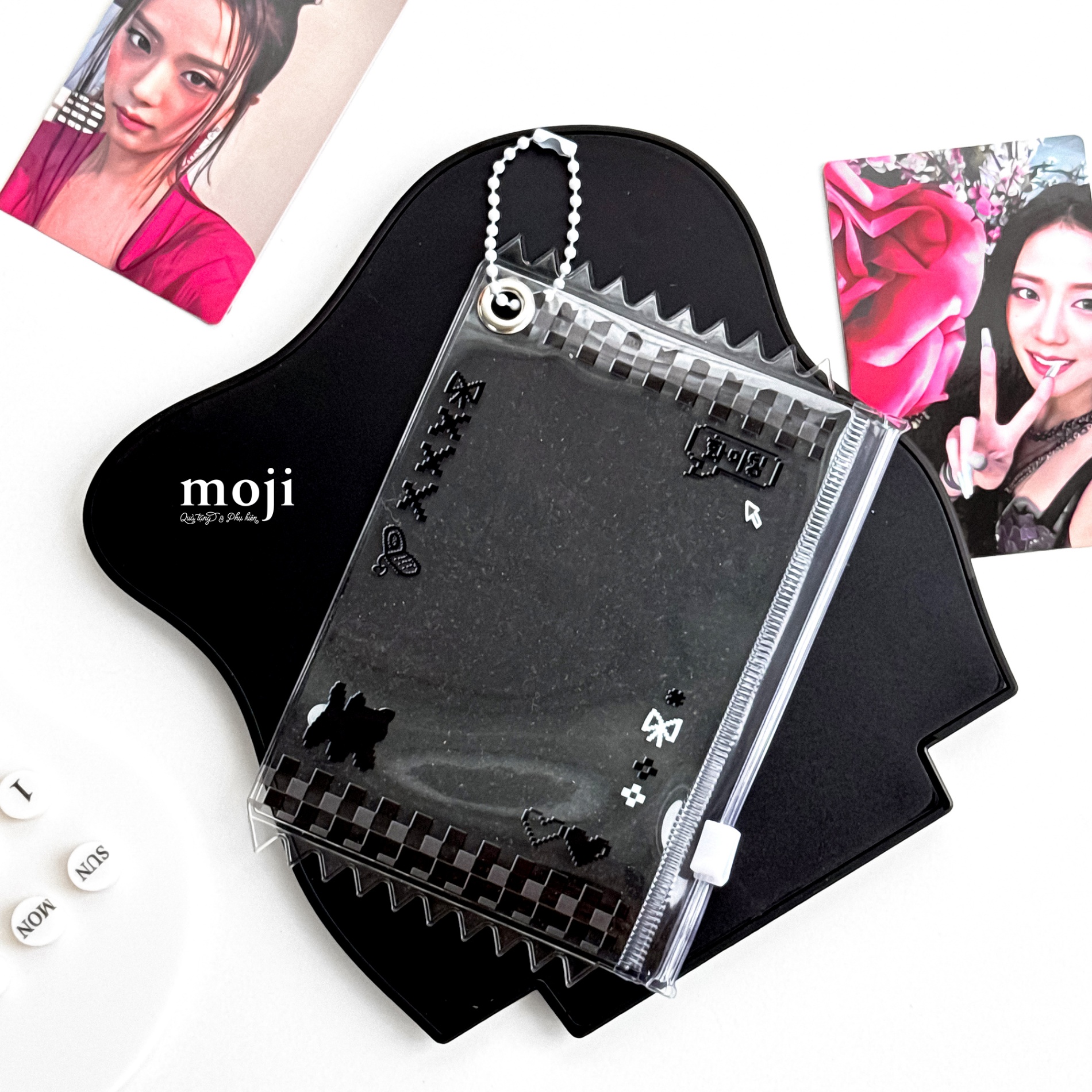 Túi ví đa năng đựng card Black cat heart bow nơ pixel zipper bag 9x13