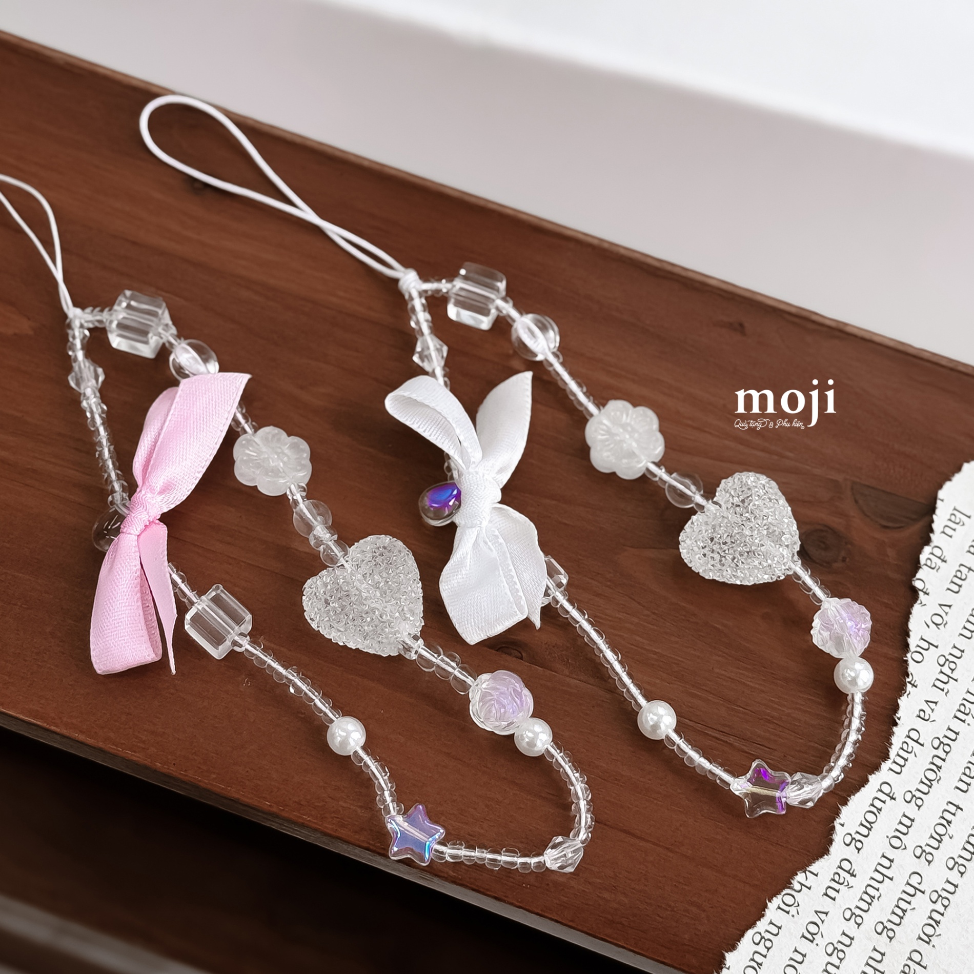 Dây đeo điện thoại Ruy băng bow nơ big heart hình khối flower star