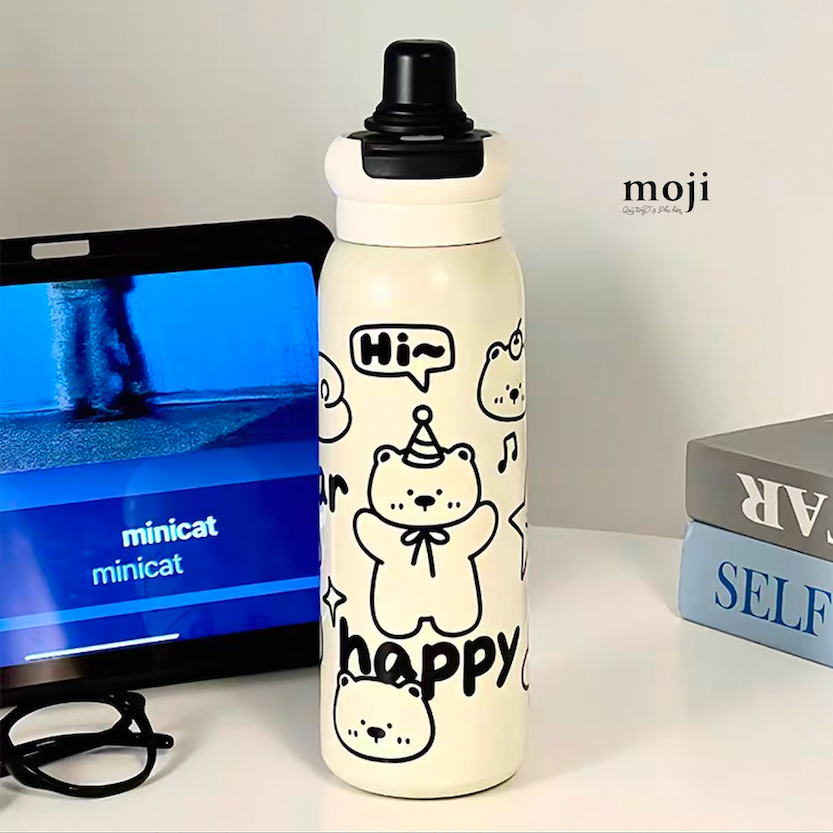 Bình nước giữ nhiệt Happy baby bear viền đen 620ml