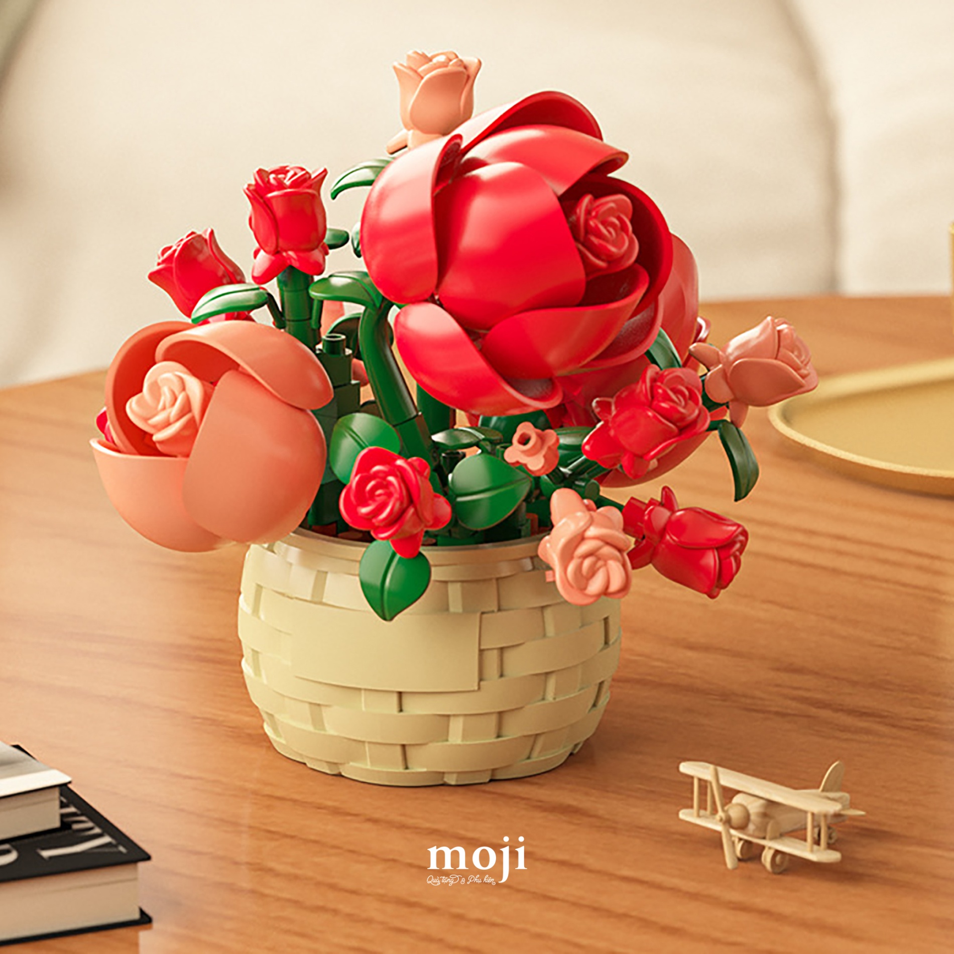 Đồ chơi xếp hình hoa Flower basket hoa hồng đỏ giỏ tròn 7x7x7